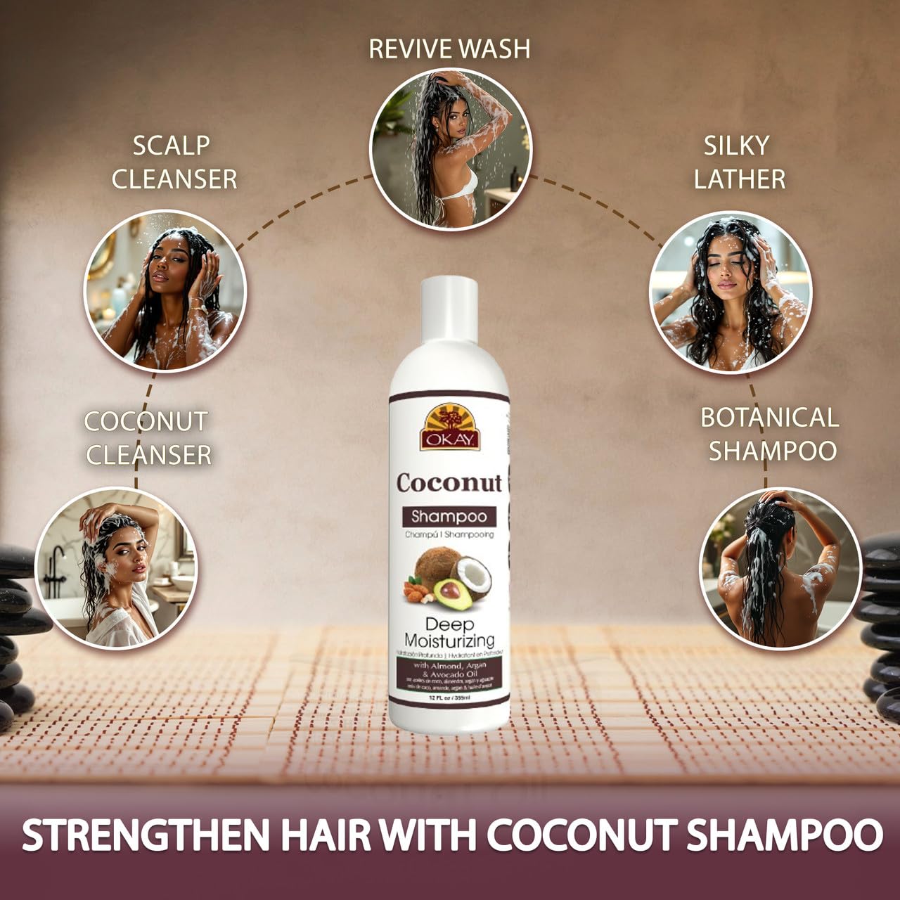 OKAY Coconut Deep Moisturizing Shampoo Helps Replenish Moisture And Elasticity For Healthy Strong Hair Sulfate,Silicone,Paraben Free For All Hair Types and Textures Made in USA 12oz