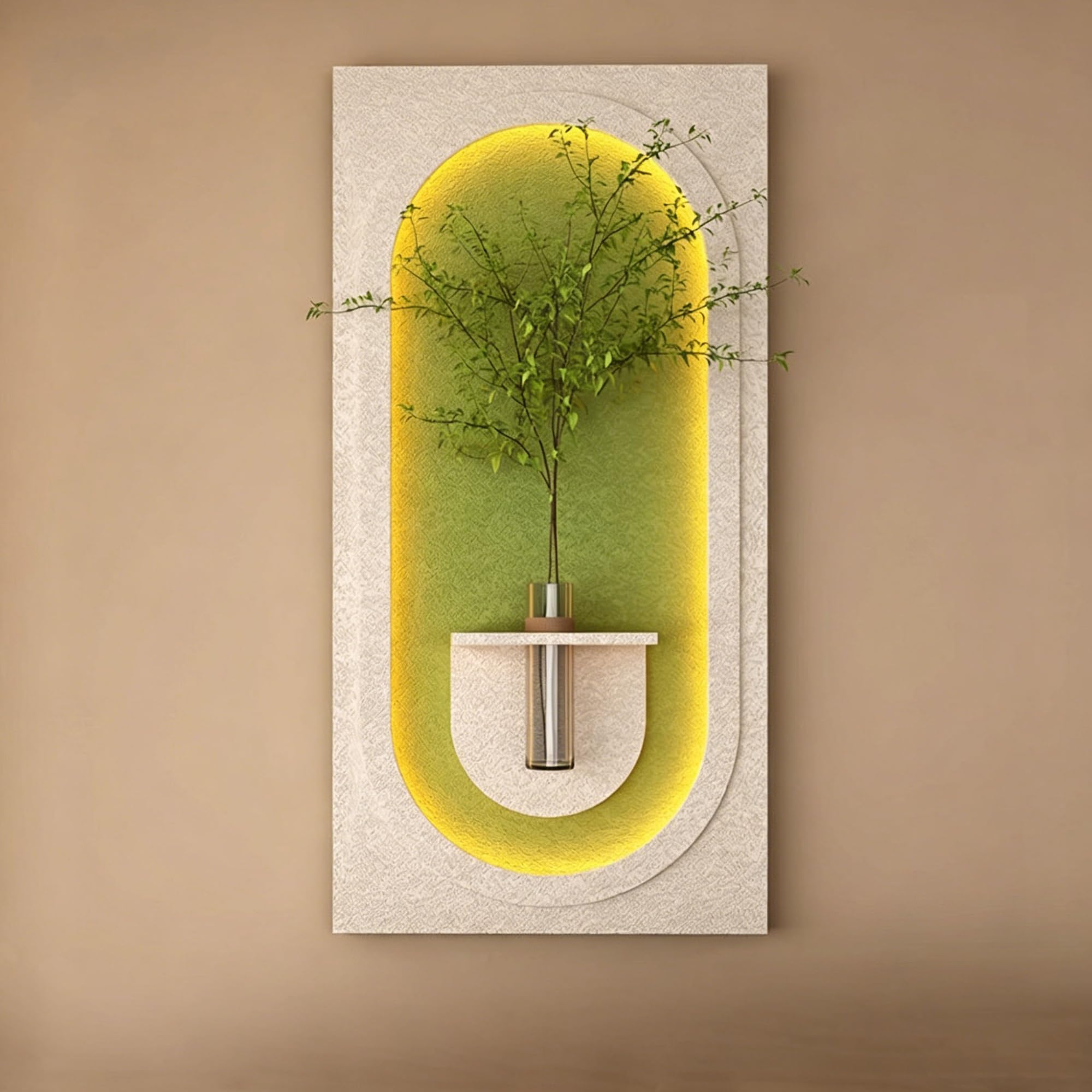 OEPCHEFACX 3D Sandstone Wall Art with LED Lights, Plug-in Ambient Wall Decor with Glass Vase Artificial Plants, Modern Textured Mural for Entryway Living Room Bedroom(B3,120 * 60cm/47.2 * 24in)