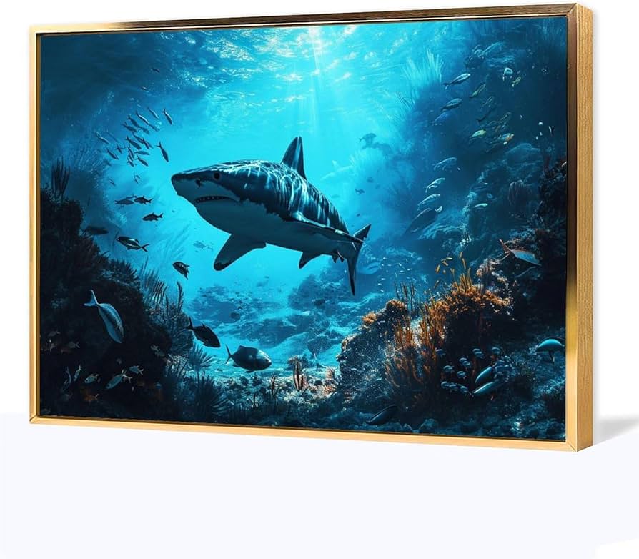 Amazon.co.jp: 絵画 海の底の魚とサメの群れインテリア 絵画 超リアル