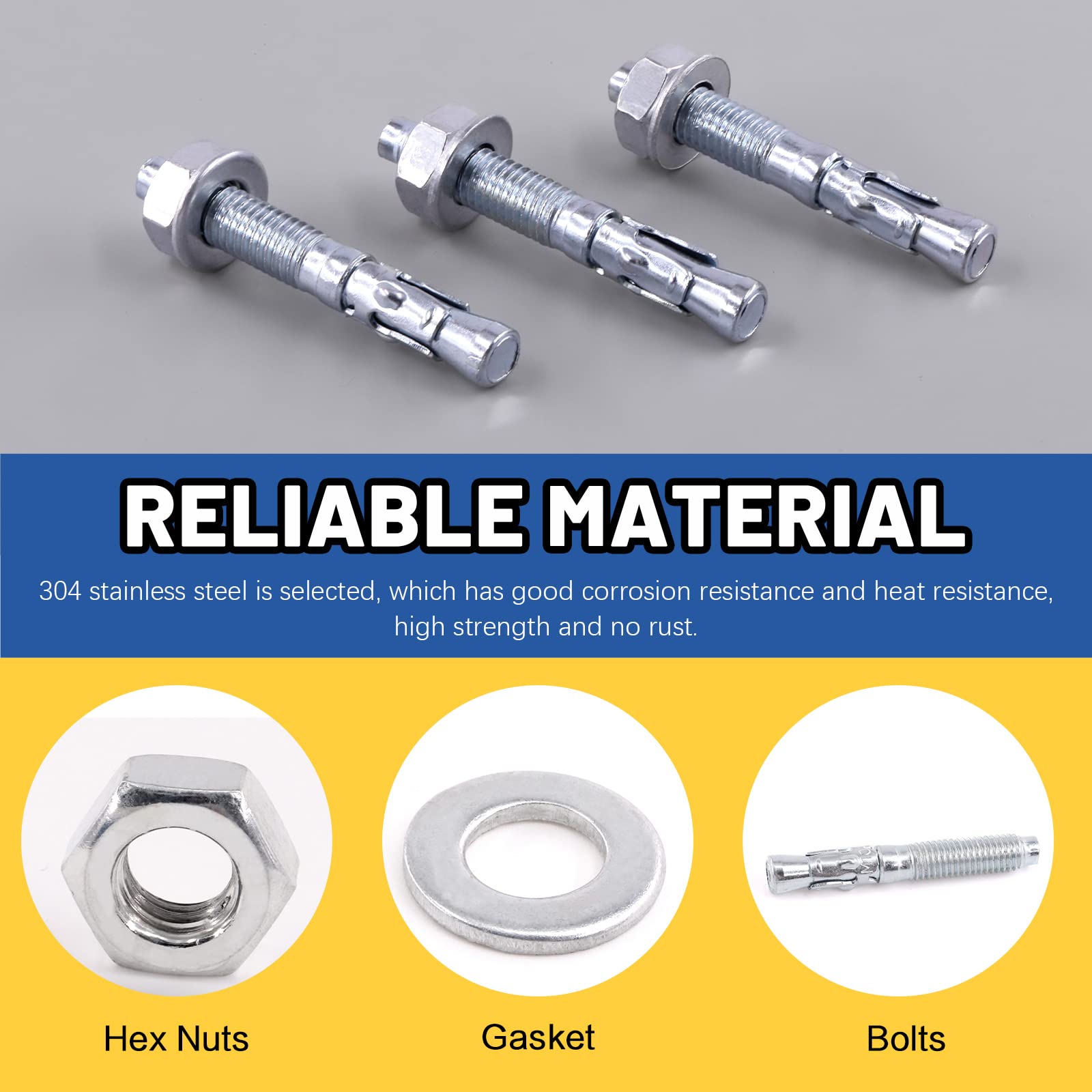 Glarks 20Pcs 3/8" x 2-3/4" Wedge Anchors Zinc Plated Heavy Duty Fastener for Concrete, 3/8" x 2-3/4" (20pcs) - Image 4