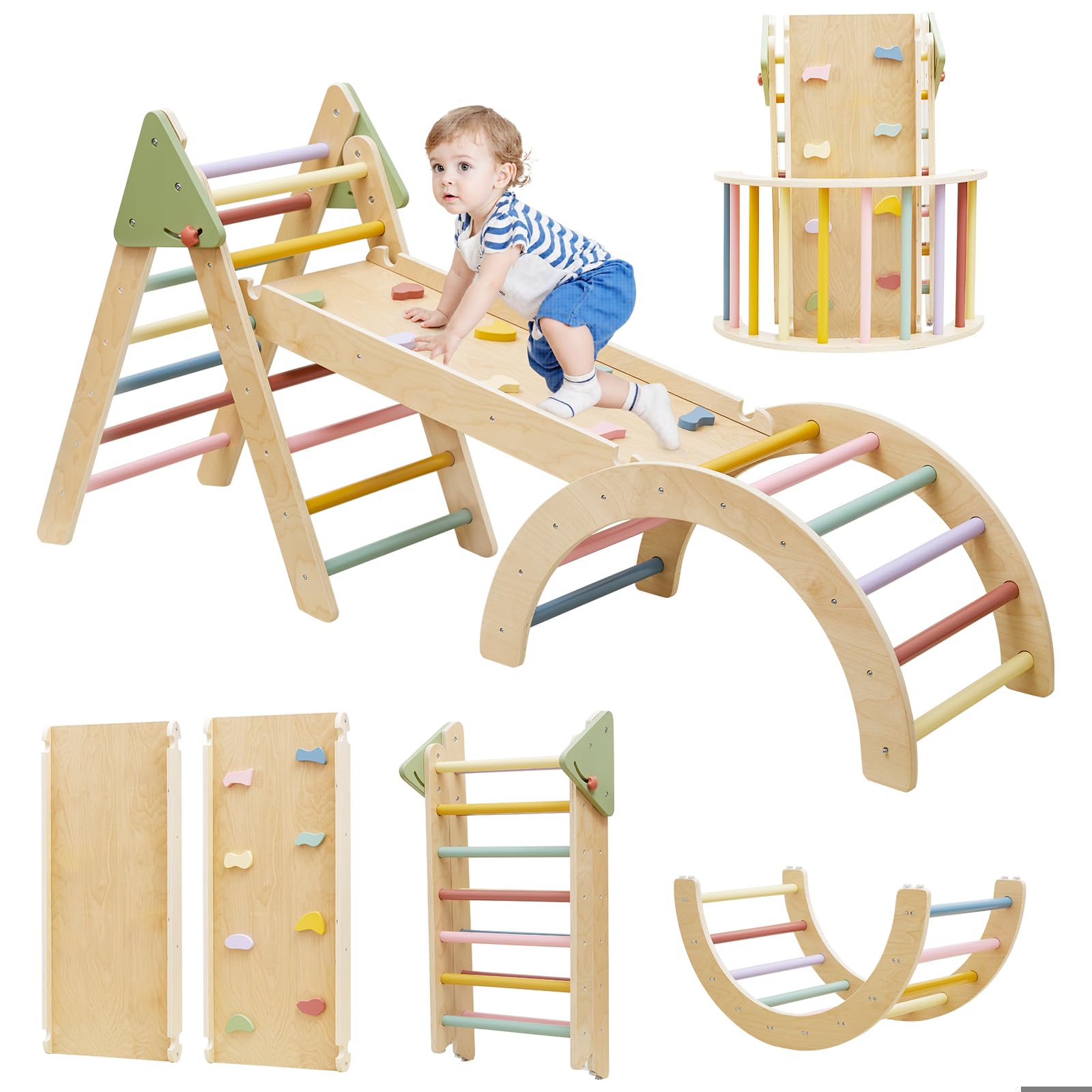 Foldable Pikler Triangle Climbing Set Wooden 7 in 1 Montessori Climber Toys for Toddlers 1-3 Baby Jungle Gym Indoor Slide Playground with Ramp/ Arch/ Ladder Large Kids Activity Center Boy & Girl Gift