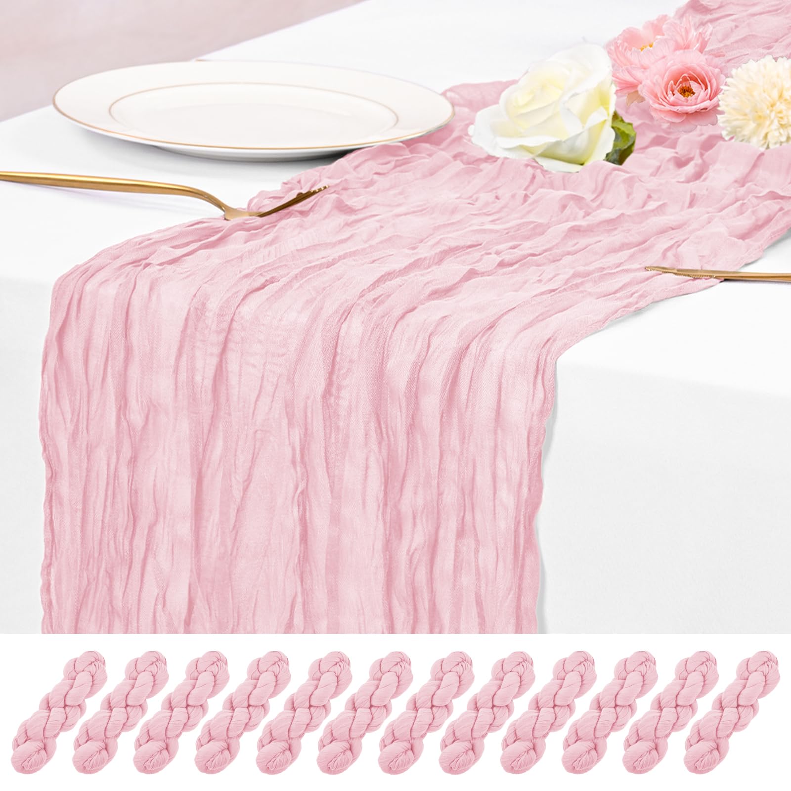 12 Pack Pink Table Runner 17 x 108inch Cheesecloth Table Runner Rustic Boho Gauze Long Sheer Fabric Cheese Cloth Table Runners for Wedding Party Bridal Baby Shower Dining Table Decor
