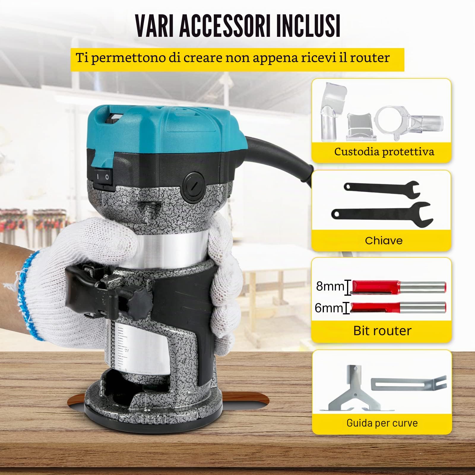 VEVOR Fresa per legno singola mano 33000 giri/min, base fissa, base di inclinazione, base sommergibile, base offset, 3 pinze da 6,35/6/8 mm, fresa da 6/8 mm, guida curva, lega di alluminio