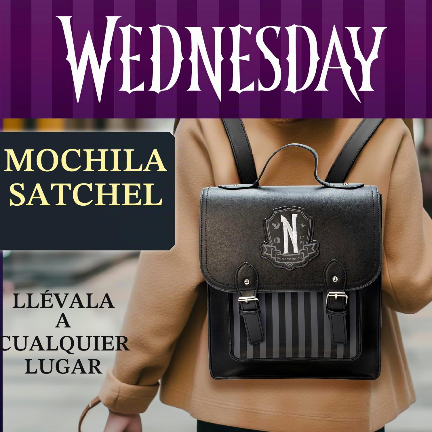 Blue Sky Studios Wednesday Satchel Bag, mochila grande para suministros de trabajo o escuela, accesorios con licencia del miércoles, Multicolor