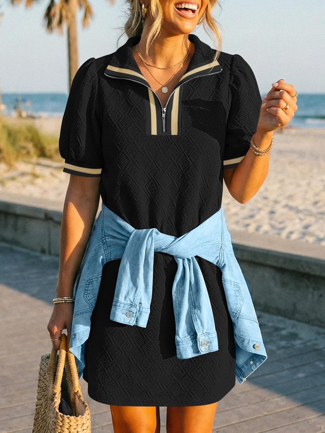 Fisoew Womens Summer Puff Short Sleeve Mini Dress Quarter Zip V Neck Casual Textured Loose Fit Active Sweatshirt Dresses - Image 4