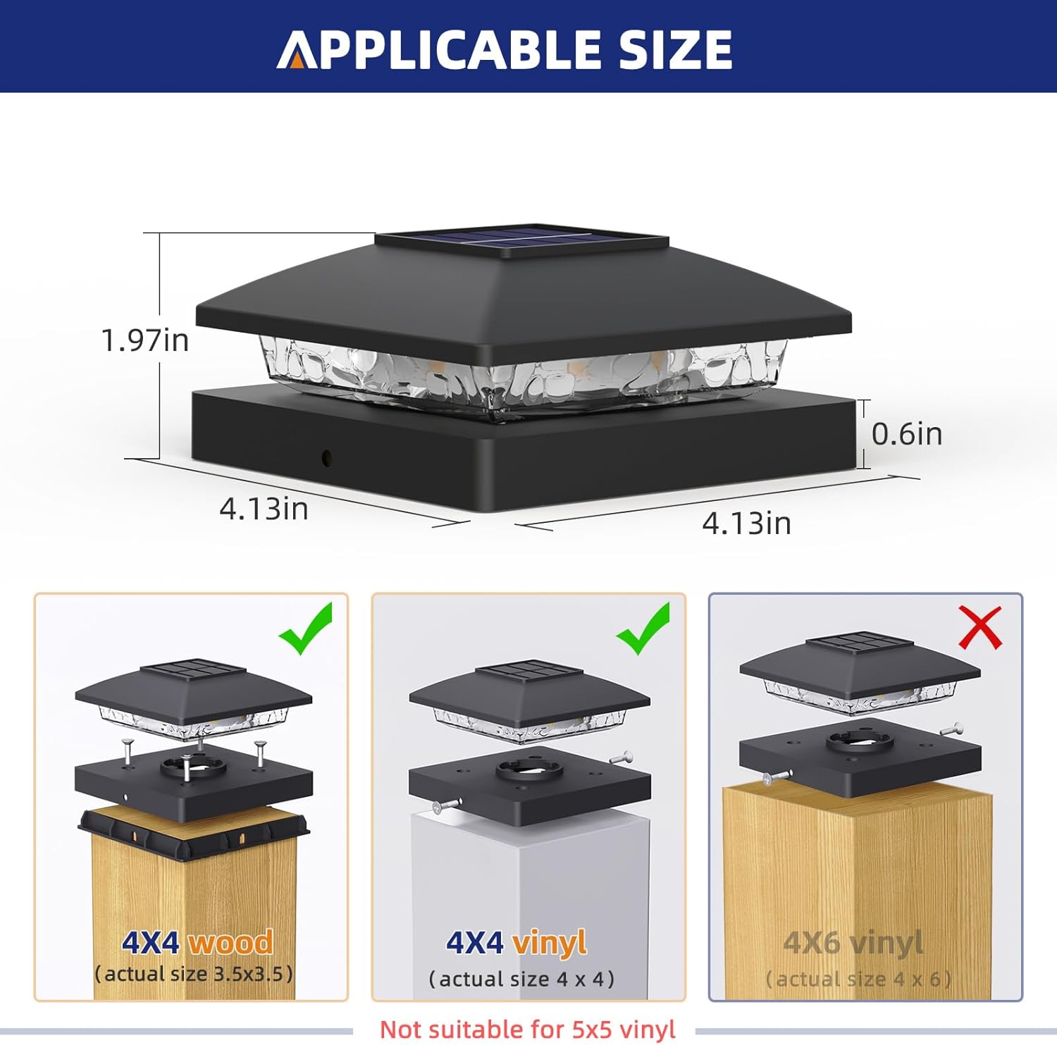 APONUO Solar Post Cap Lights for 4x4 Posts - IP64 Waterproof, 6500K LED, No-Wire Fence Lights & Deck Lights for Patio Garden Yard Patio, Black-Cool White, 12 Pack