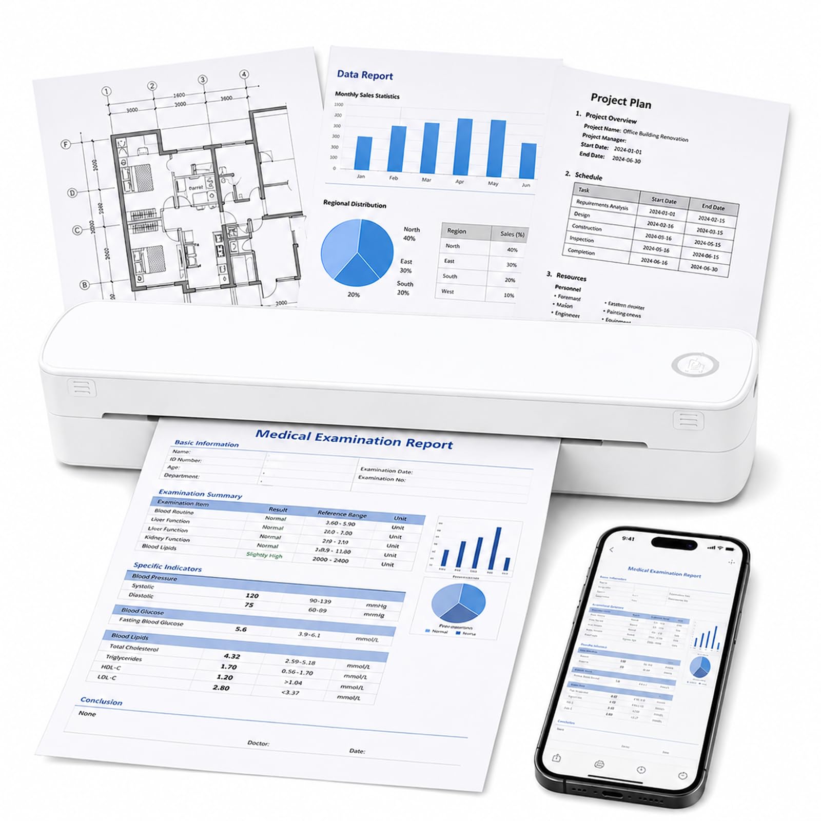 A4 Thermal Printer, Wireless Inkless Printer for Home Office School (white)