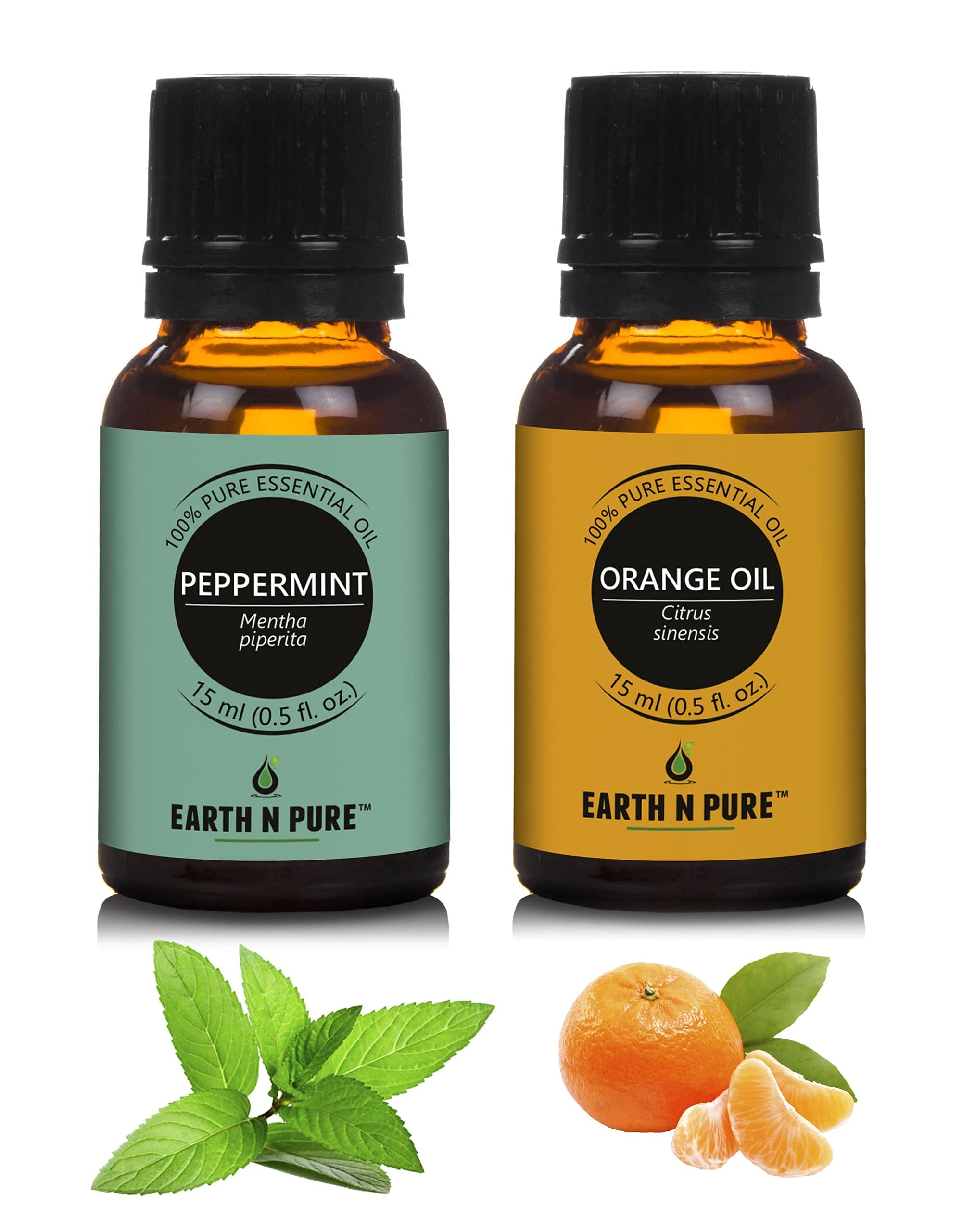 Earth N Pure Orange & Peppermint Essential Oils | Pack Of 2 (15 ml each) | 100% Pure, Undiluted, Natural And Therapeutic Grade - Perfect for Aromatherapy, Skin Therapy & More
