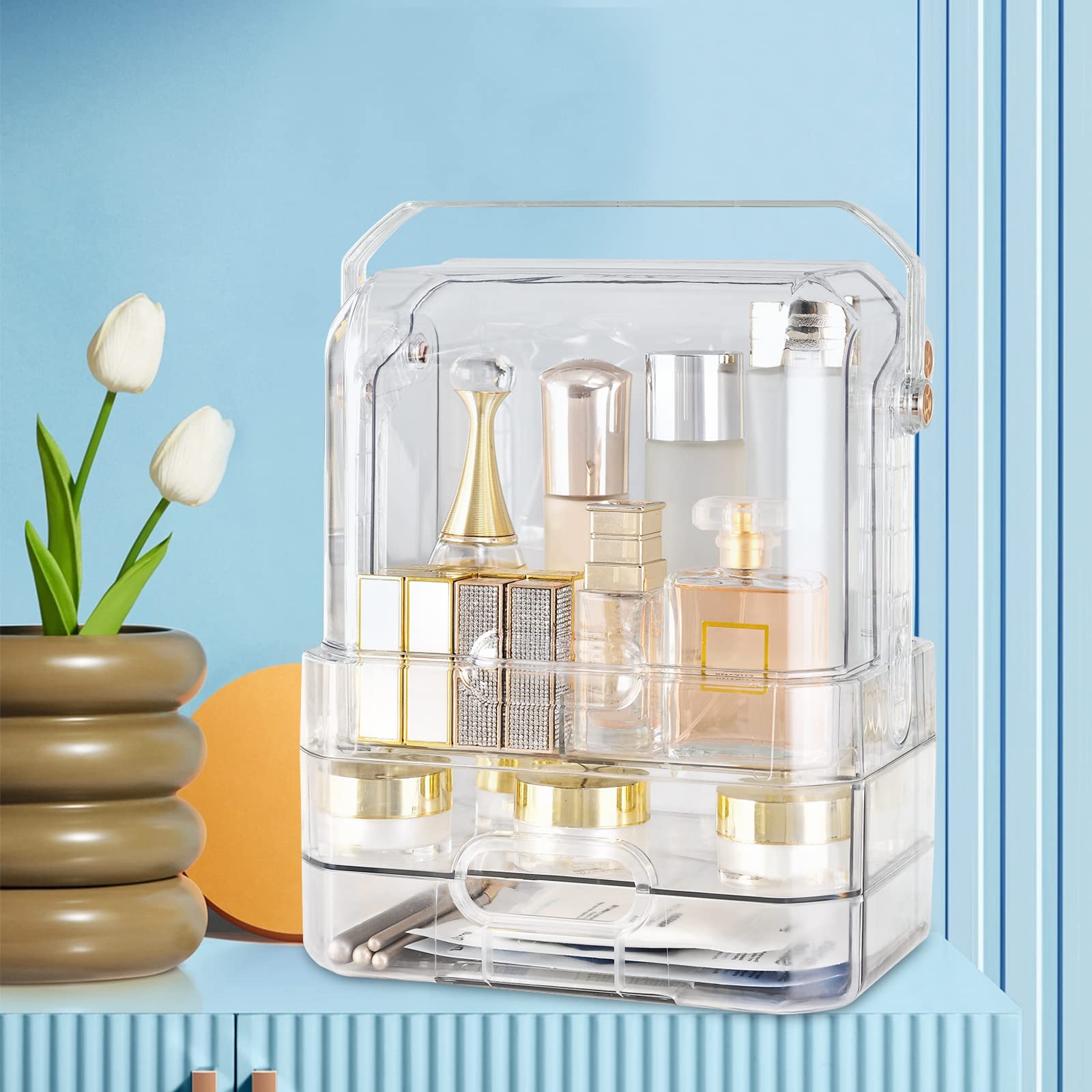 Galatée Transparent Moderner Tragbare Make Up Organizer Kosmetikbox Kosmetische Aufbewahrungs Box Mit Staubdichtem Deckel, Beauty Organizer Lippenstiftbox - Transparent