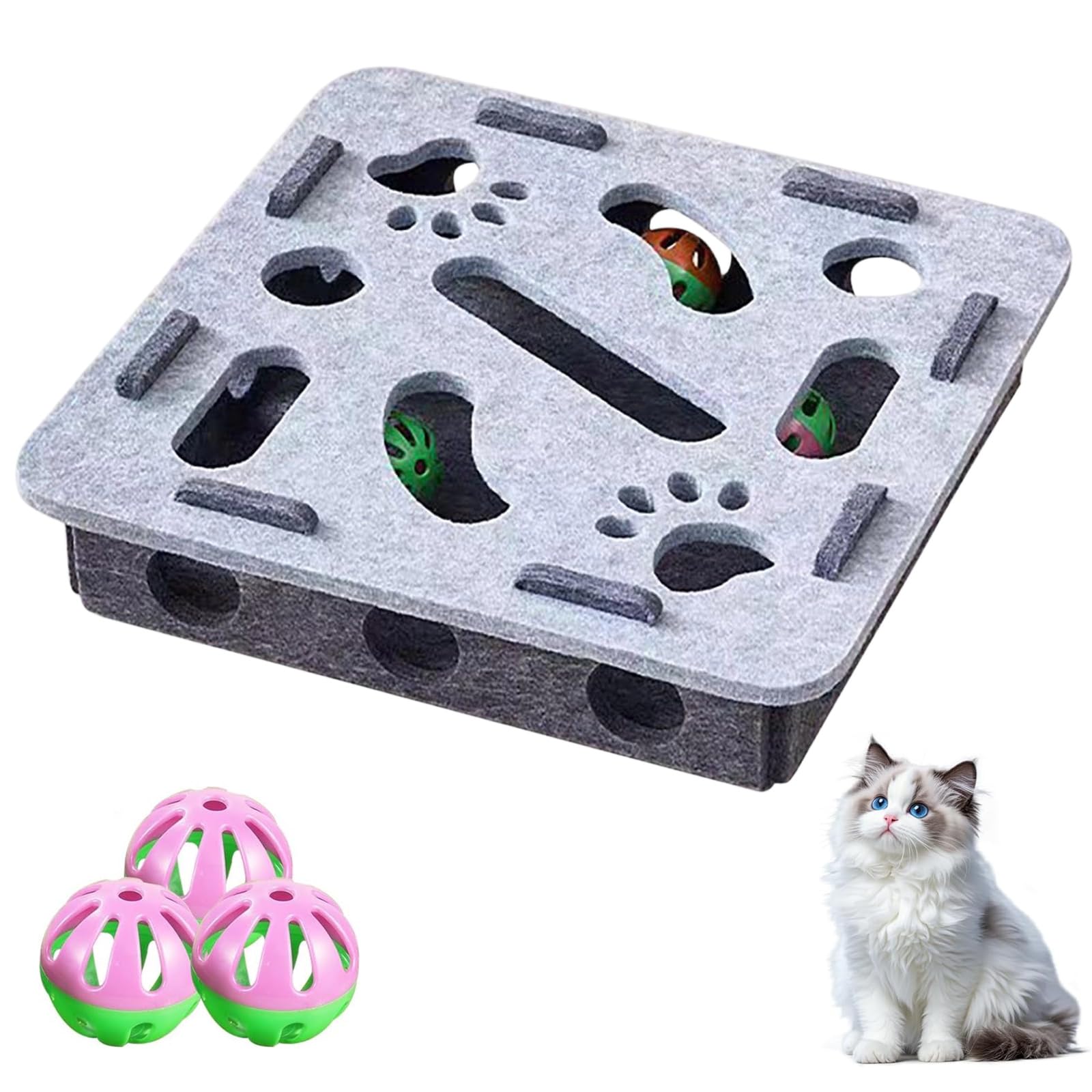 Interactive Cat Toy Puzzle Toys for Indoor Cats, Felt Maze Box with 3 Bell Balls for Self Play & Fun Exercise, Hide Seek Moving Cat Toys for Bored Cats Encourages Hunting Instincts (Gray)