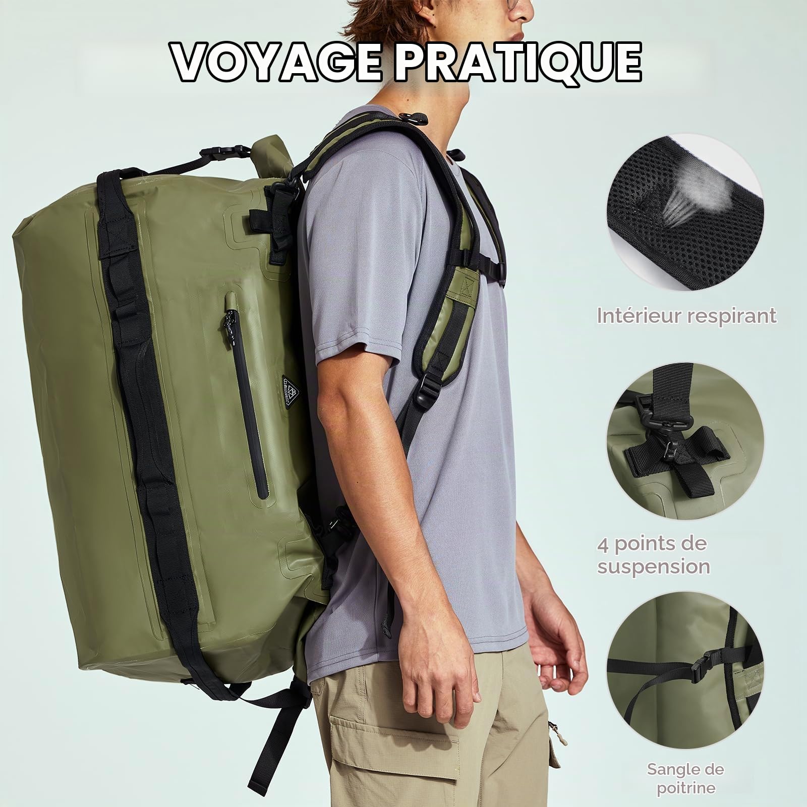 Haimont Sac à dos étanche de 60L avec fermeture à rouleau - Sac de voyage robuste pour canoë, bateau, voyage, moto, kayak, camping, vert militaire, 60L