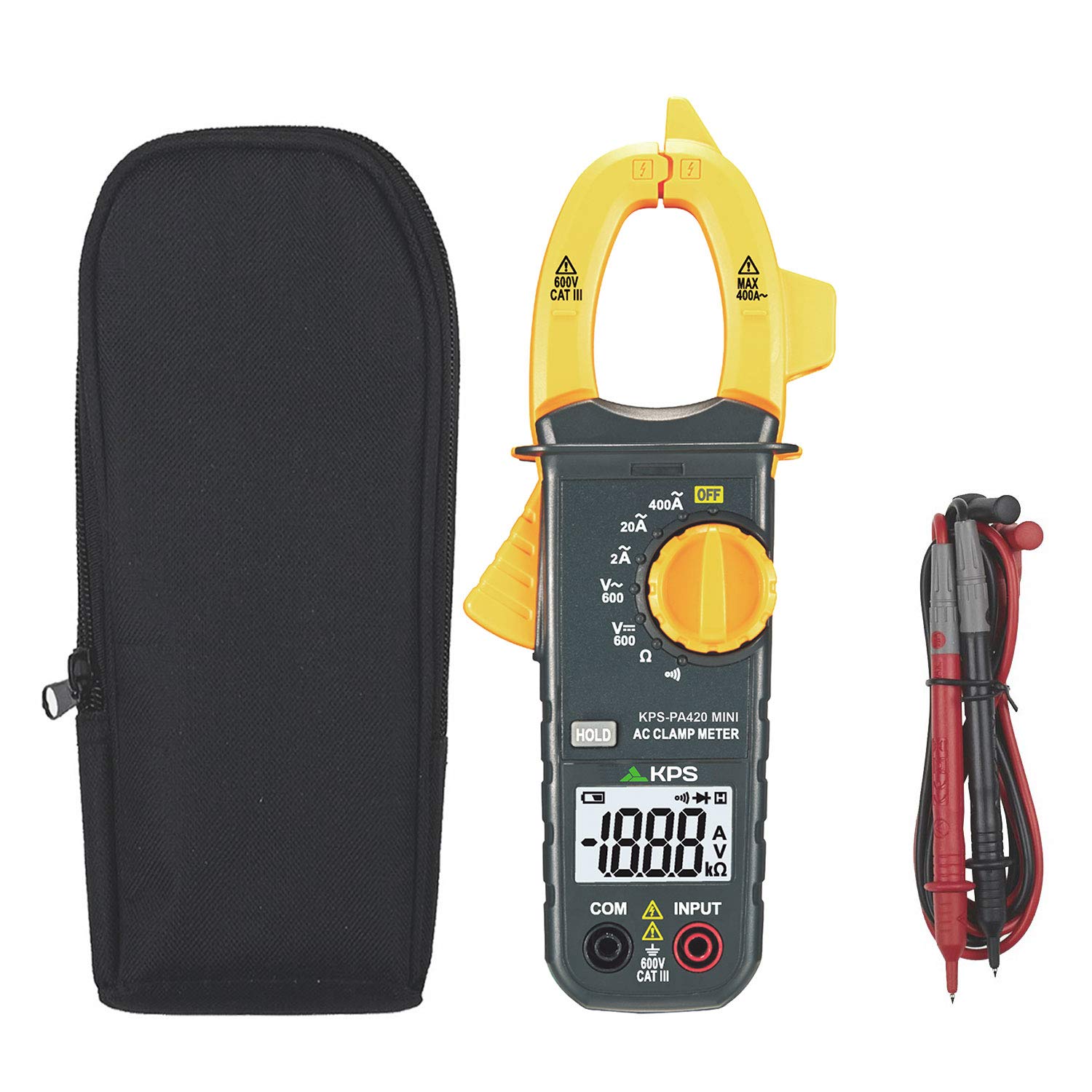 KPS-PA420 Mini Pinza Amperimétrica digital 2000 cuentas, Tensión AC/DC 600V, Corriente AC 400A, y Resistencia 2KΩ, Retención lecturas, avisador de continuidad y prueba de diodos. CAT. III 600V
