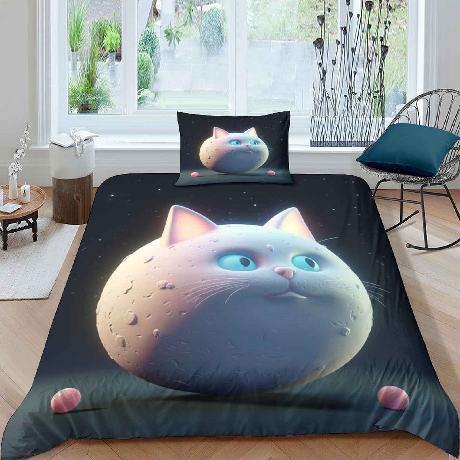 Cat Shape Planet 3D Print Cartoon Style for Teens And Adults Quilt Cover Duvet Cover Comforter Covers with Pillow Cases Soft Microfiber Bedding Set with Zipper Closure 3 Pieces Single（135x200cm）