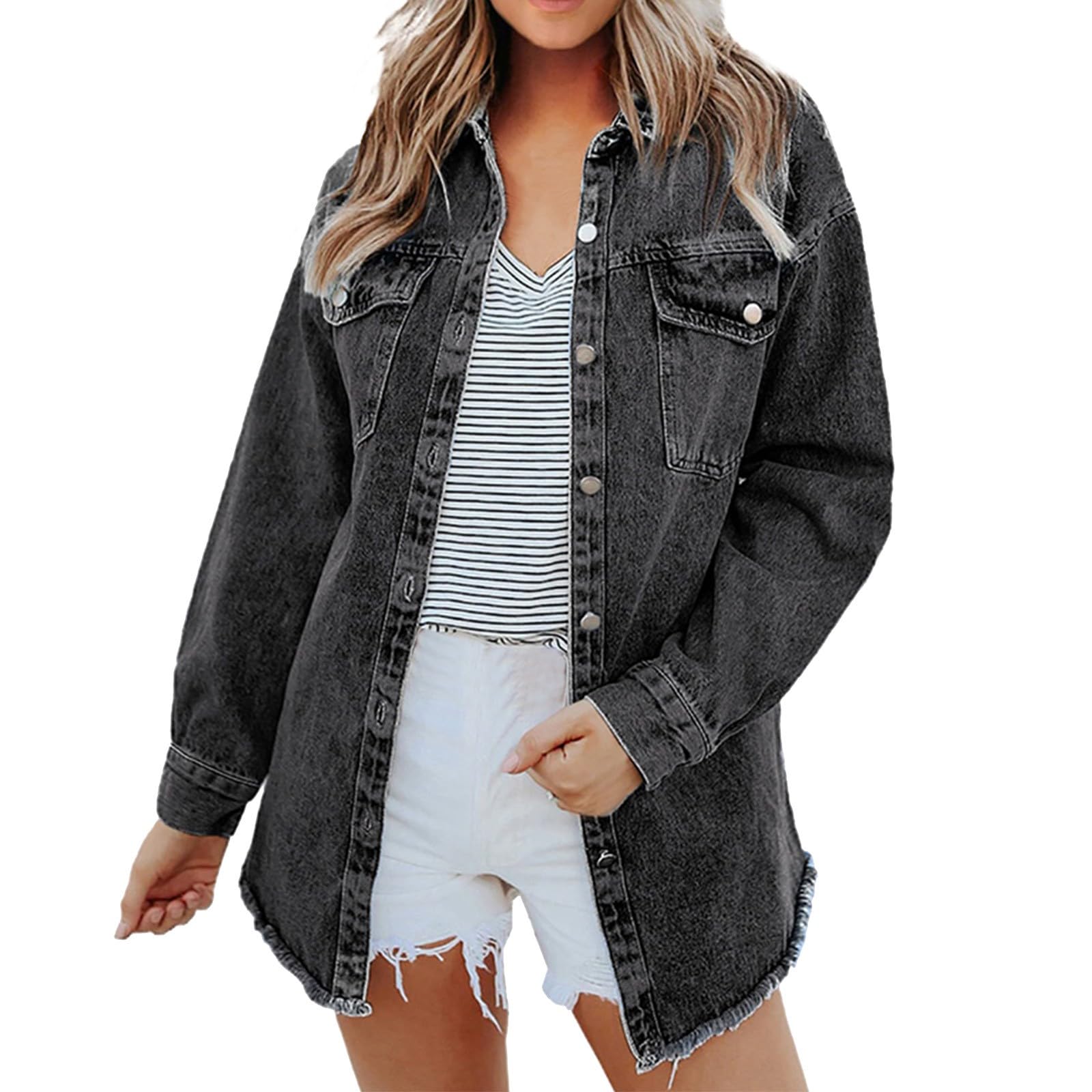Camisa vaquera de manga larga para mujer, chaqueta vaquera blanca elástica, blusa vaquera larga con botones, chaqueta de mezclilla, chaqueta de entretiempo ligera con bolsillos, chaqueta informal de