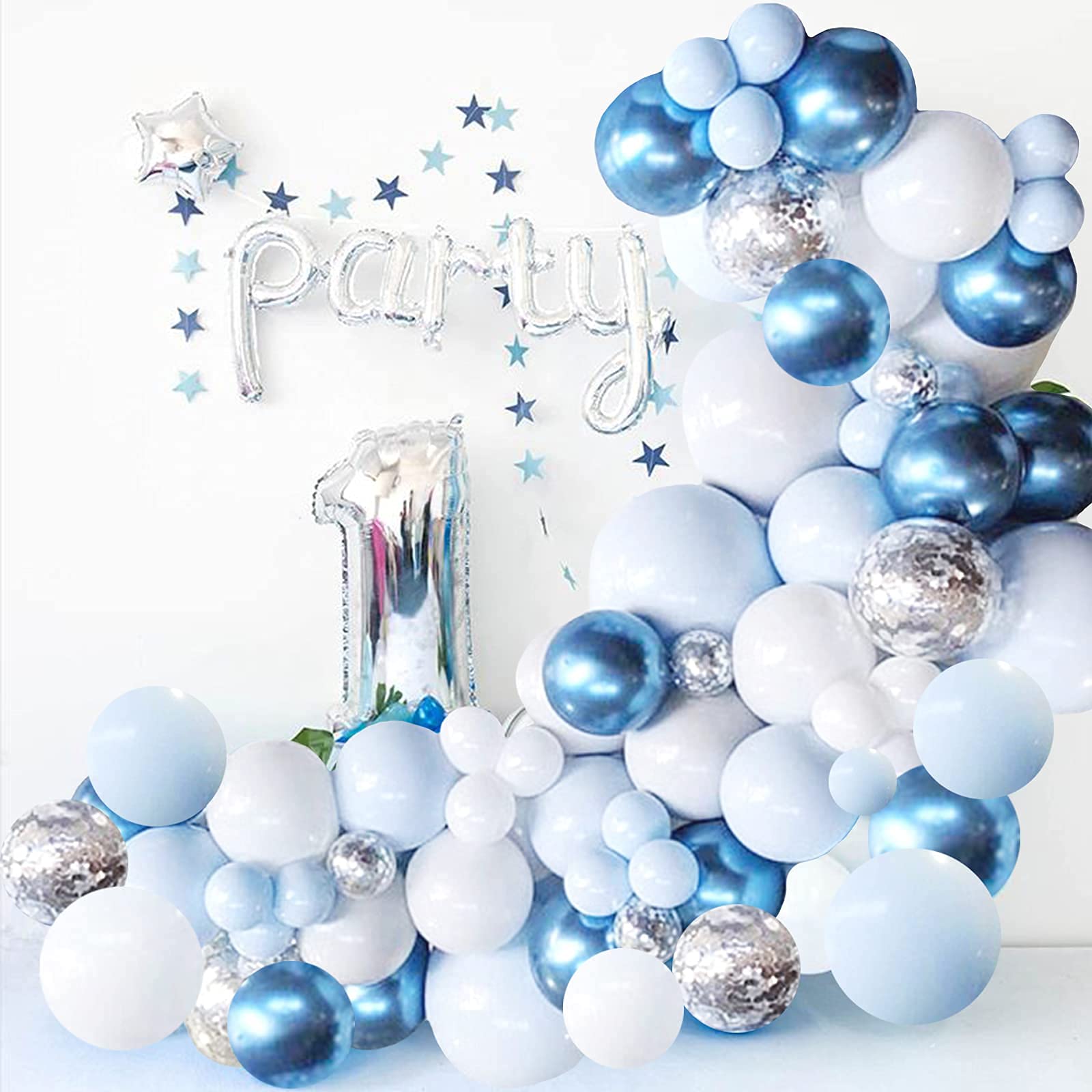 MAKINGTEC Blue Balloon Garland Arch Kit, Blue White and Silver Confetti Latex Balloons for Baby Shower Birthday Wedding Graduation Anniversary Frozen Winter Wonderland Party Background Decorations