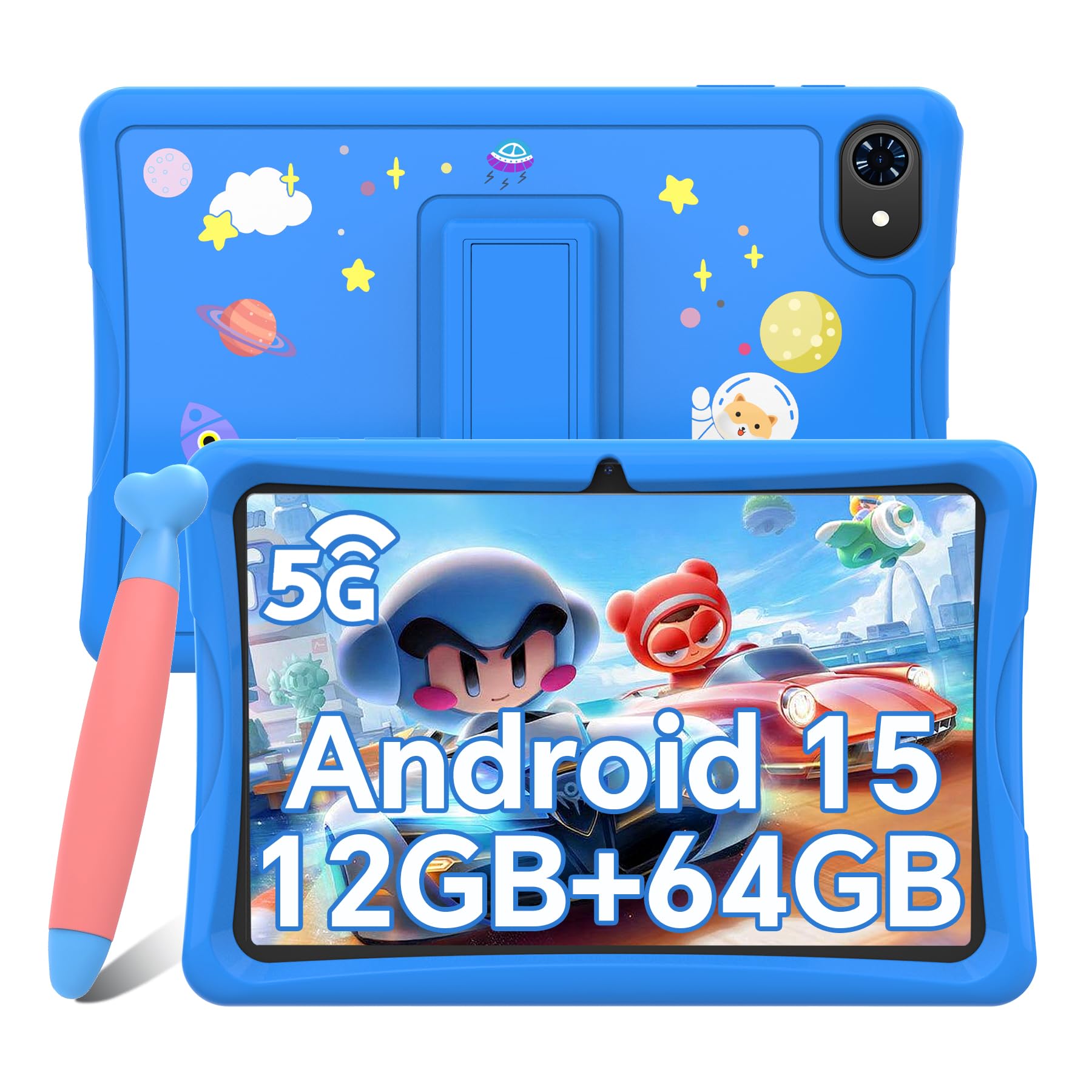 TABWEE Tablet per Bambini 10 Pollici, Tablets Android 15, 12 GB RAM + 64 GB ROM (2 TB TF), 5G WiFi, Bluetooth 5.0, 5000mAh, Controllo Genitori, Tablet Educativo per Bambini con Custodia EVE