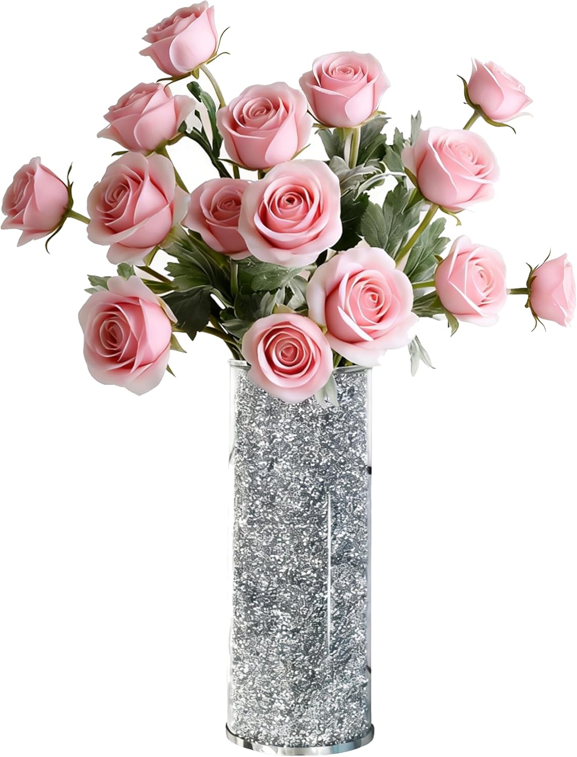 Silver Glass Vase for Flowers, Large 10in Crushed Diamond Vase, Luxurious Fresh Flower Vase for Home Decor, Bedroom, Living Room, Office, Wedding, Party, Dining Table