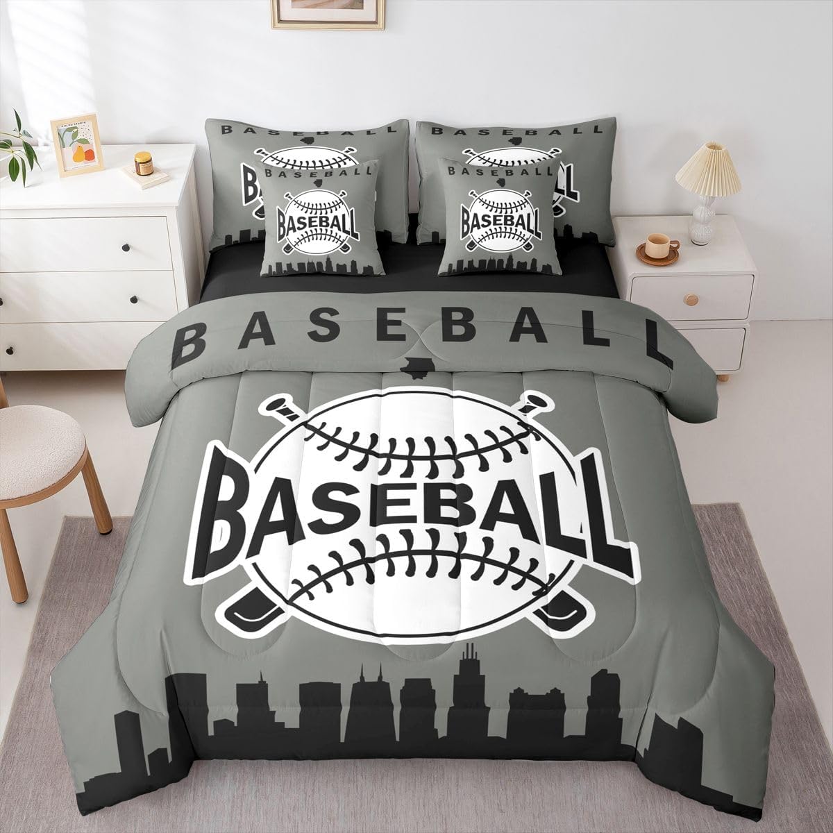 Erosebridal Boys Baseball Queen Size Comforter Set with Sheets, Baseball City 7 Pcs Bedding Set Sports Games Bed in A Bag for Kids Teens Adult, American City Silhouette Bed Sets, Grey Black