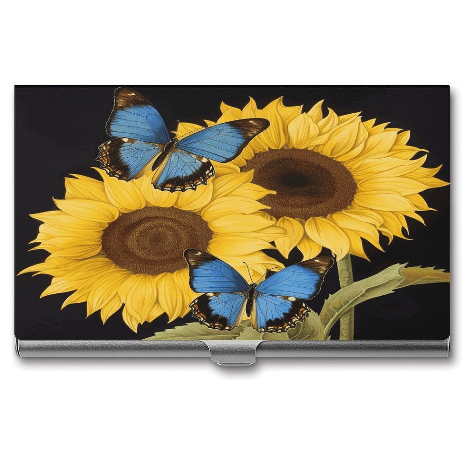 JTREHY Yellow Sunflowers with Blue Butterflies Business Card Case Convenient to Carry Business Card Dispenser Durable Not Prone to Wear And Tear Business Card Holder for Men & Women