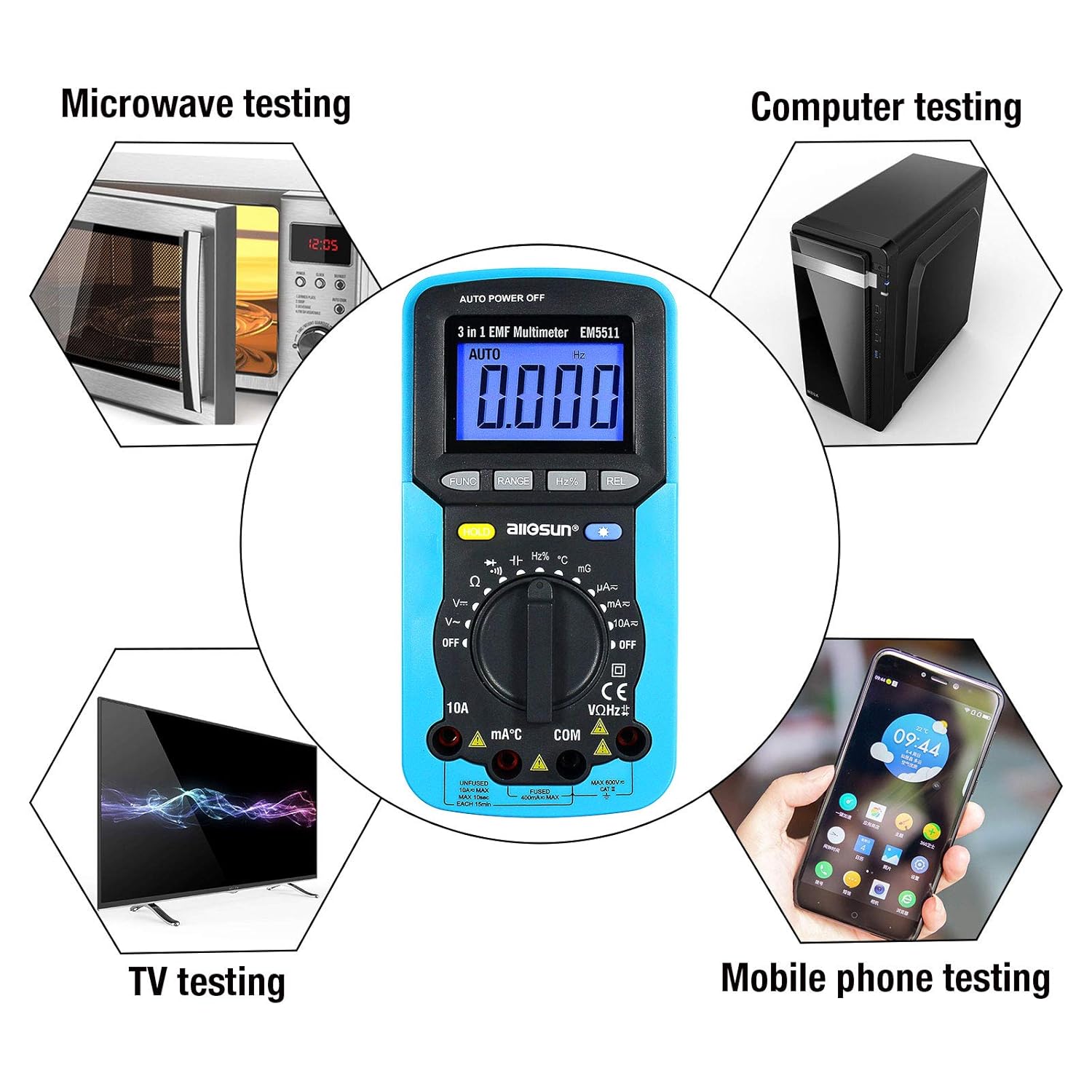 ALLOSUN EM5511 3 in 1 EMF Digital Multimeter Antorange Electromagnetic Field Radiation Tester DC AC Volt Ampt DMM