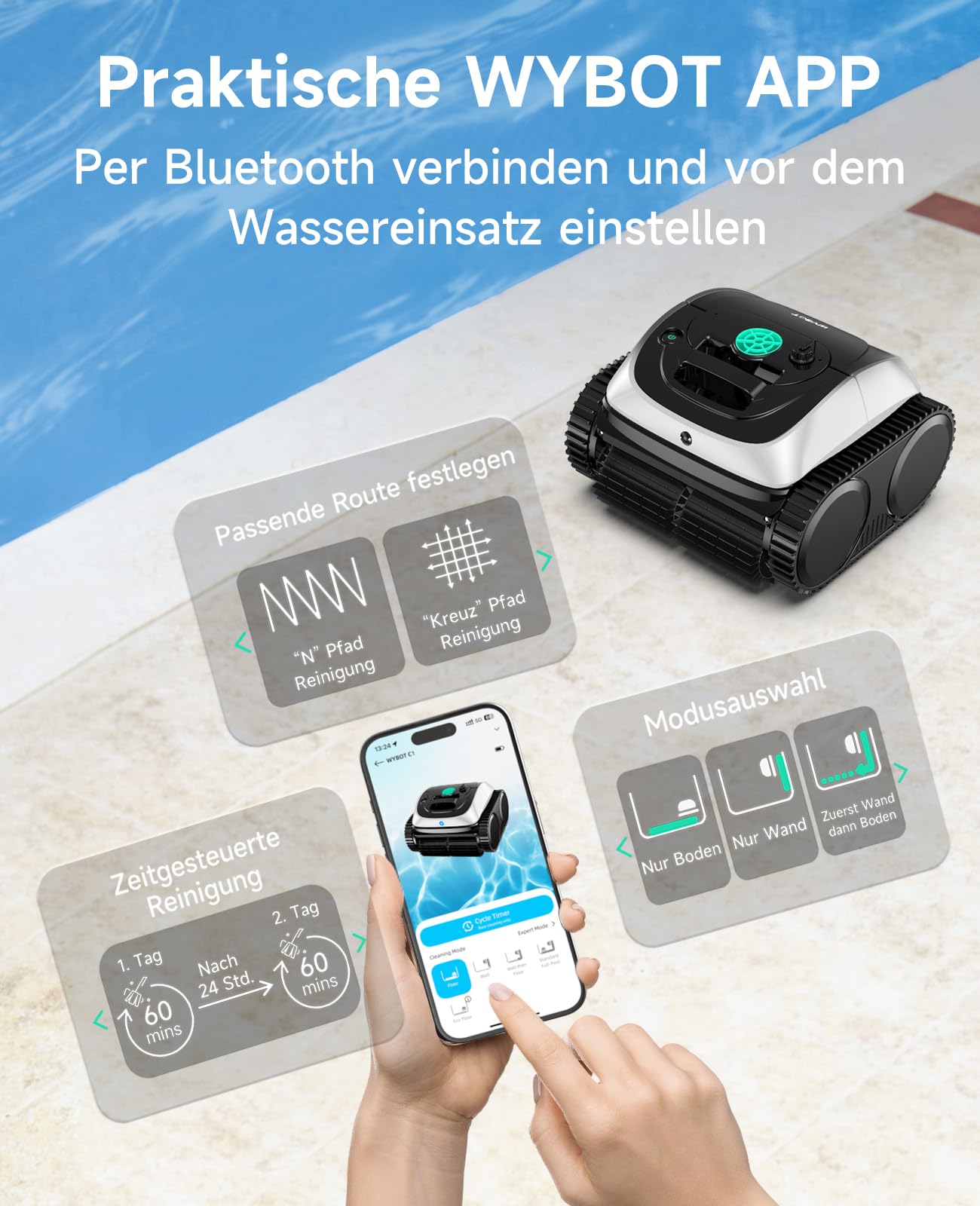 WYBOT C1 Poolroboter mit Akku Intelligente Routenplanung, Vollautomatisch Poolreiniger Boden, Wasserlinie, und Wandreinigung, leistungsstarke Dreifachmotor läuft 150 Minuten lang, bis zu 150 ㎡-Weiß