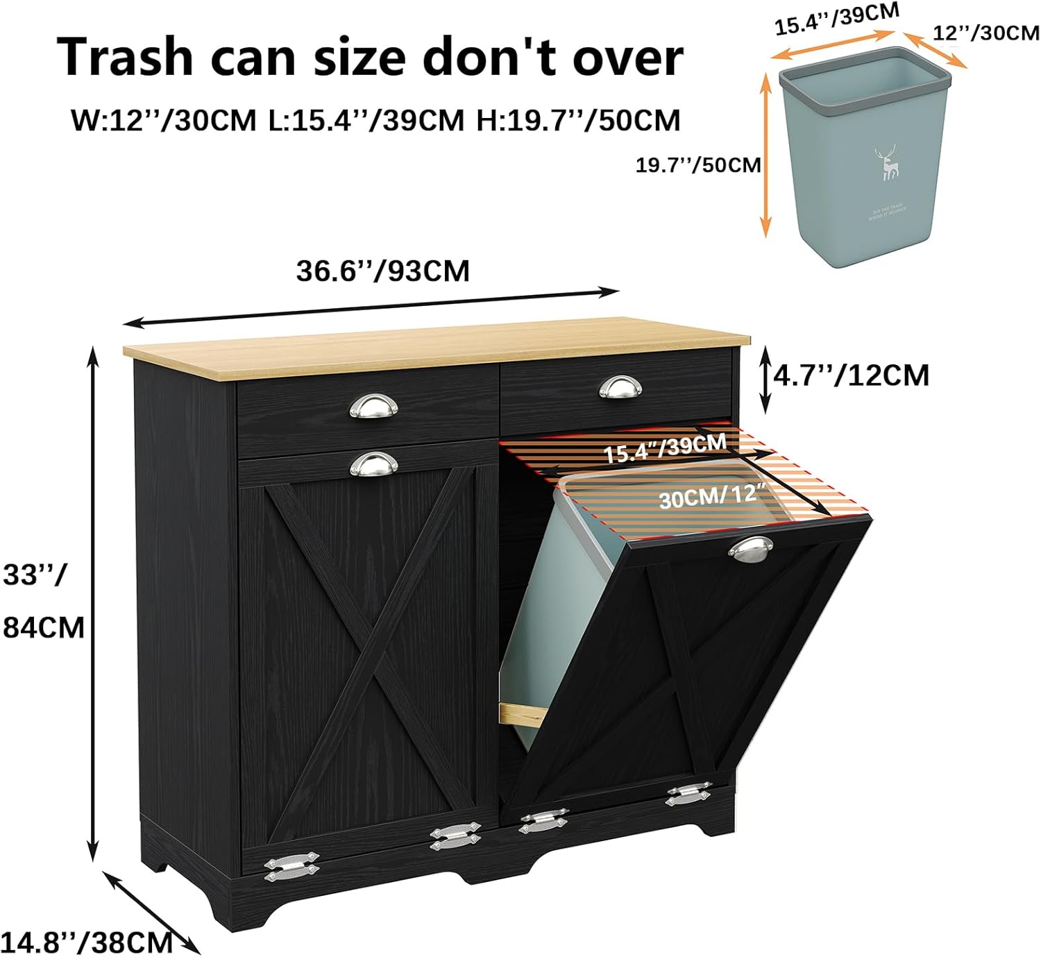 Furniouse Double Tilt Out Trash Can Cabinet with Barn Doors & 2 Drawers, Wood Farmhouse 2x10 Gallon Trash Bin Cabinet for Kitchen, Black
