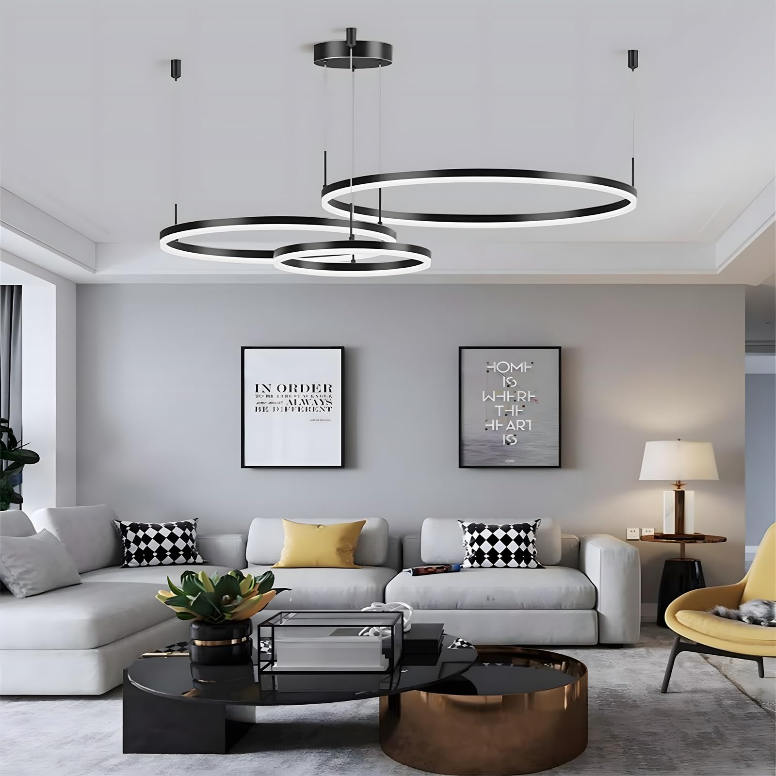 LED Lampadario Metallo | 3 Cerchi 40+60+80cm | 90W Lampada Sospensione Soffitto Anelli, Telecomando Dimmerabile 3000-6000K, Lampada Sospensione Paralume Acrilico Soggiorno Camera Letto【Nero】