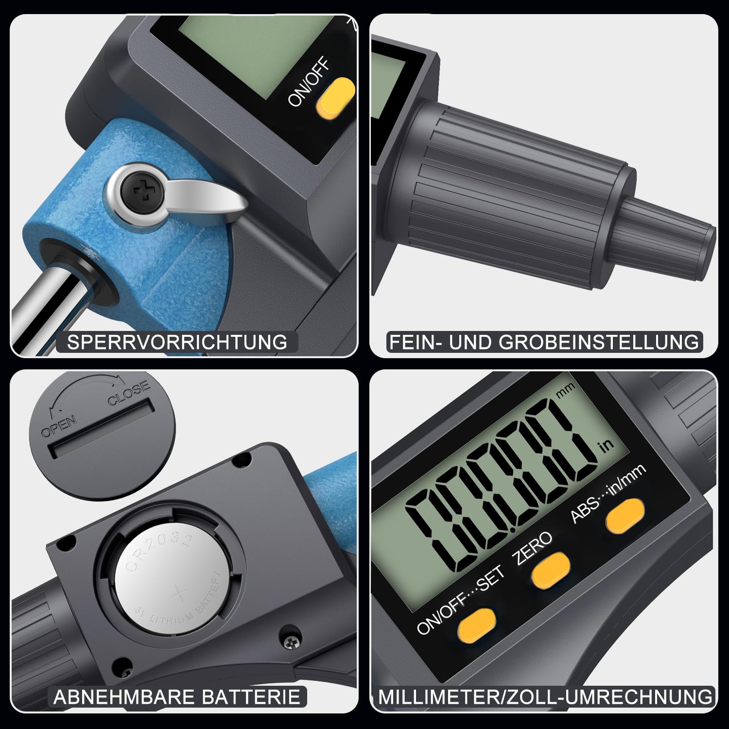 HDLKNAK - Juego de micrómetros digitales, kit de herramientas de precisión de 4 piezas, rango de 0 a 100 mm, precisión de 0,00005 pulgadas, medidor de grosor con pantalla LCD grande y funda protectora