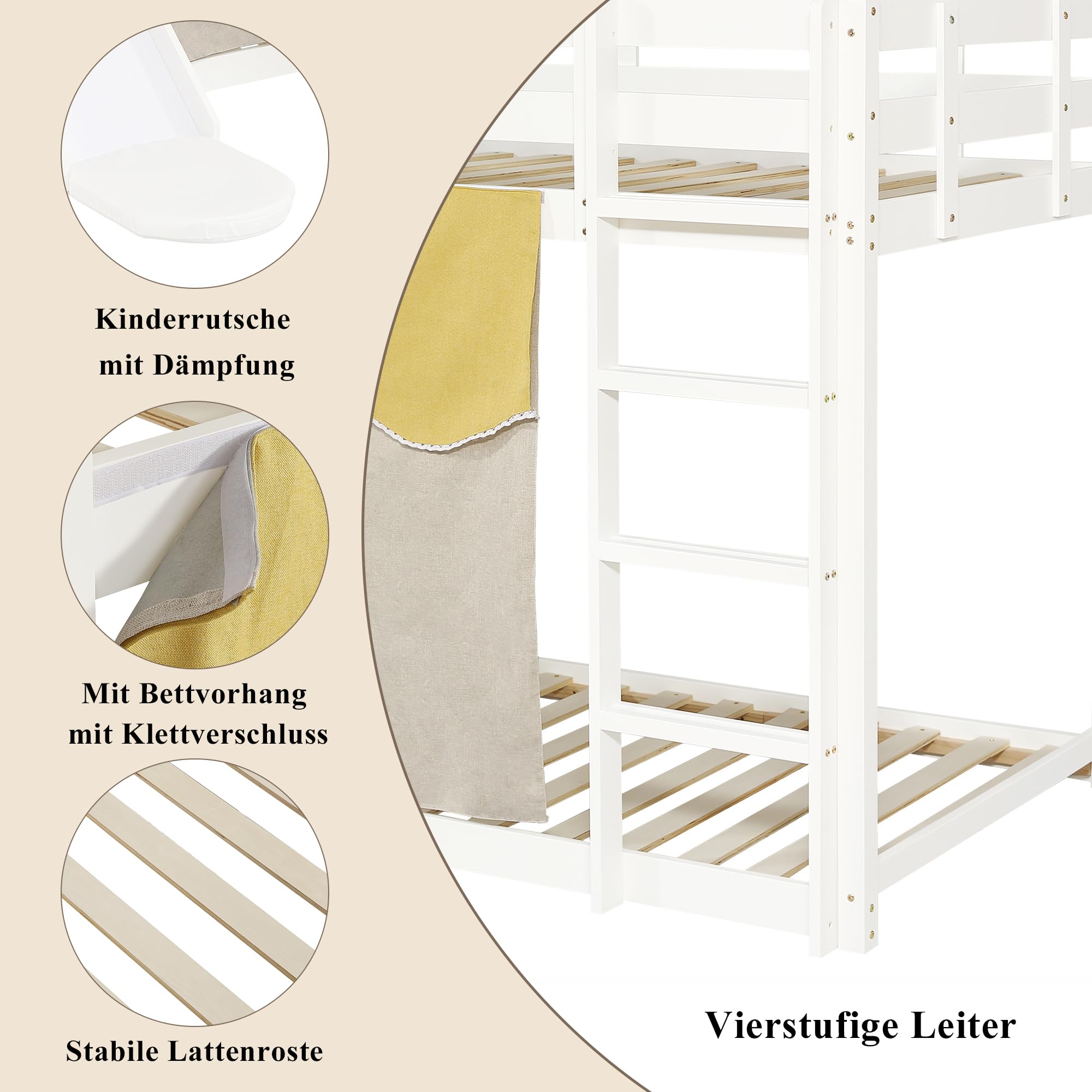 Lit pour enfant 90 x 200 cm, en bois, avec escalier et clôtures, rideau de lit, toboggan et étagère, lit superposé avec protection anti-chute et grille, cadre en pin blanc, 30598901