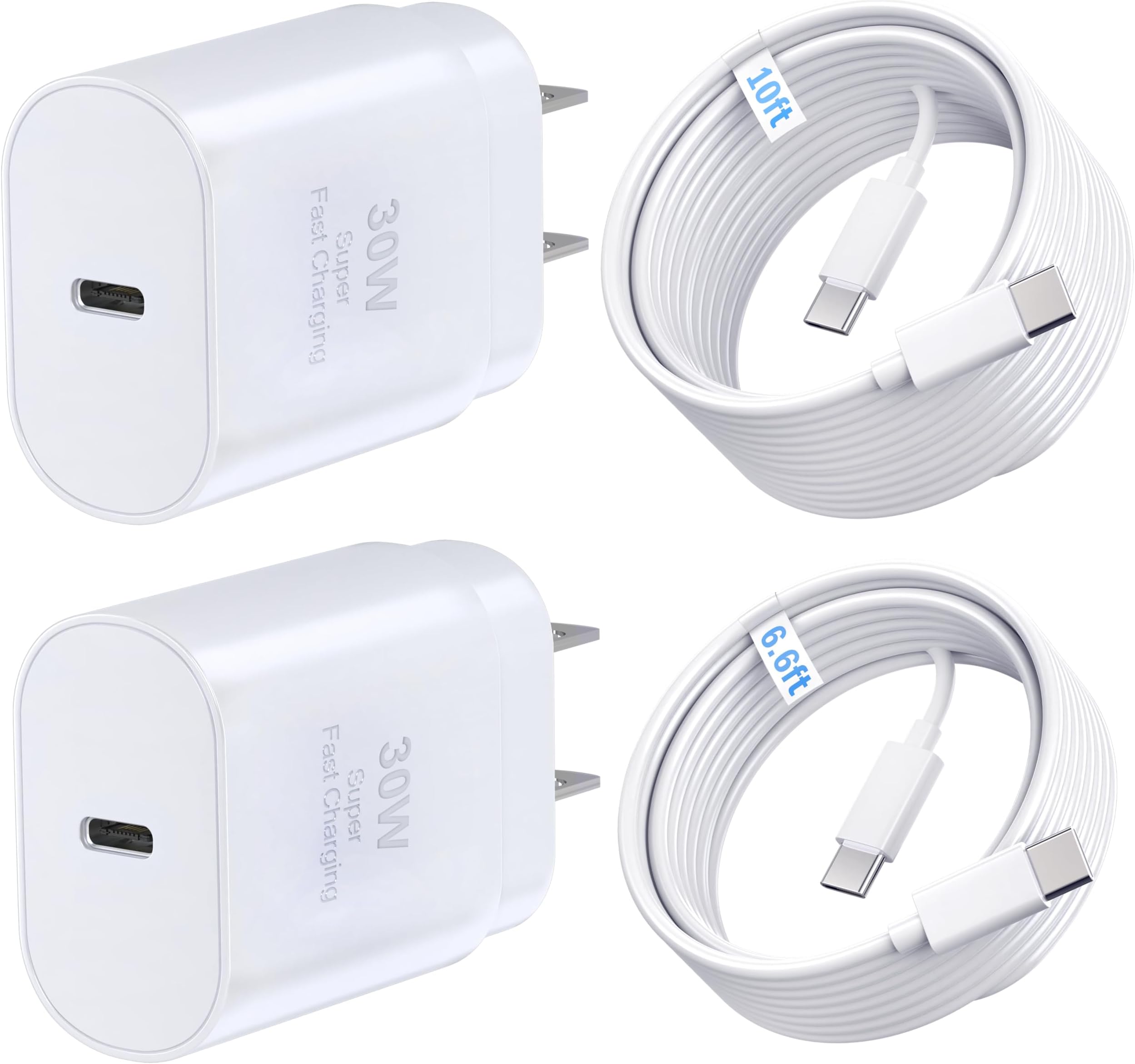 TT&C 4-Piece 30W USB-C Fast Charger Kit with 10FT & 6.6FT Cables, PD 3.0 Power Wall Block Compatible with iPhone 17, 17e, iPhone Air, 16, 15, Pro Max, & for Galaxy S26 S25 S24 Ultra & iPad Pro (White)