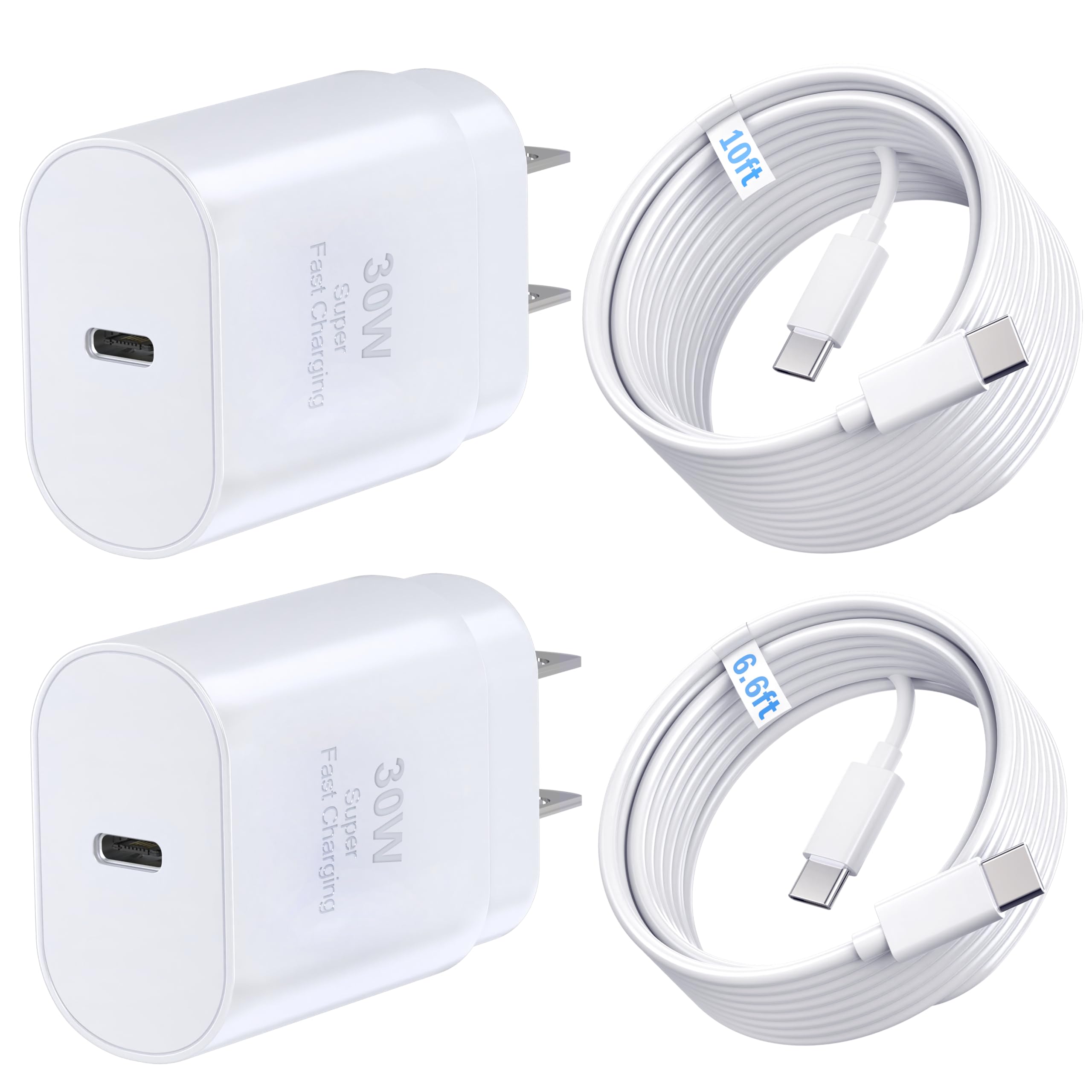 2-Pack 30W USB C Charger for iPhone 15,16,17 Pro Max, Plus & iPad Pro - [6.6ft + 10ft] Long USB-C to C Fast Charging Cable Cord & Type C Power Adapter Block for Samsung Galaxy S25 S24 Ultra – White