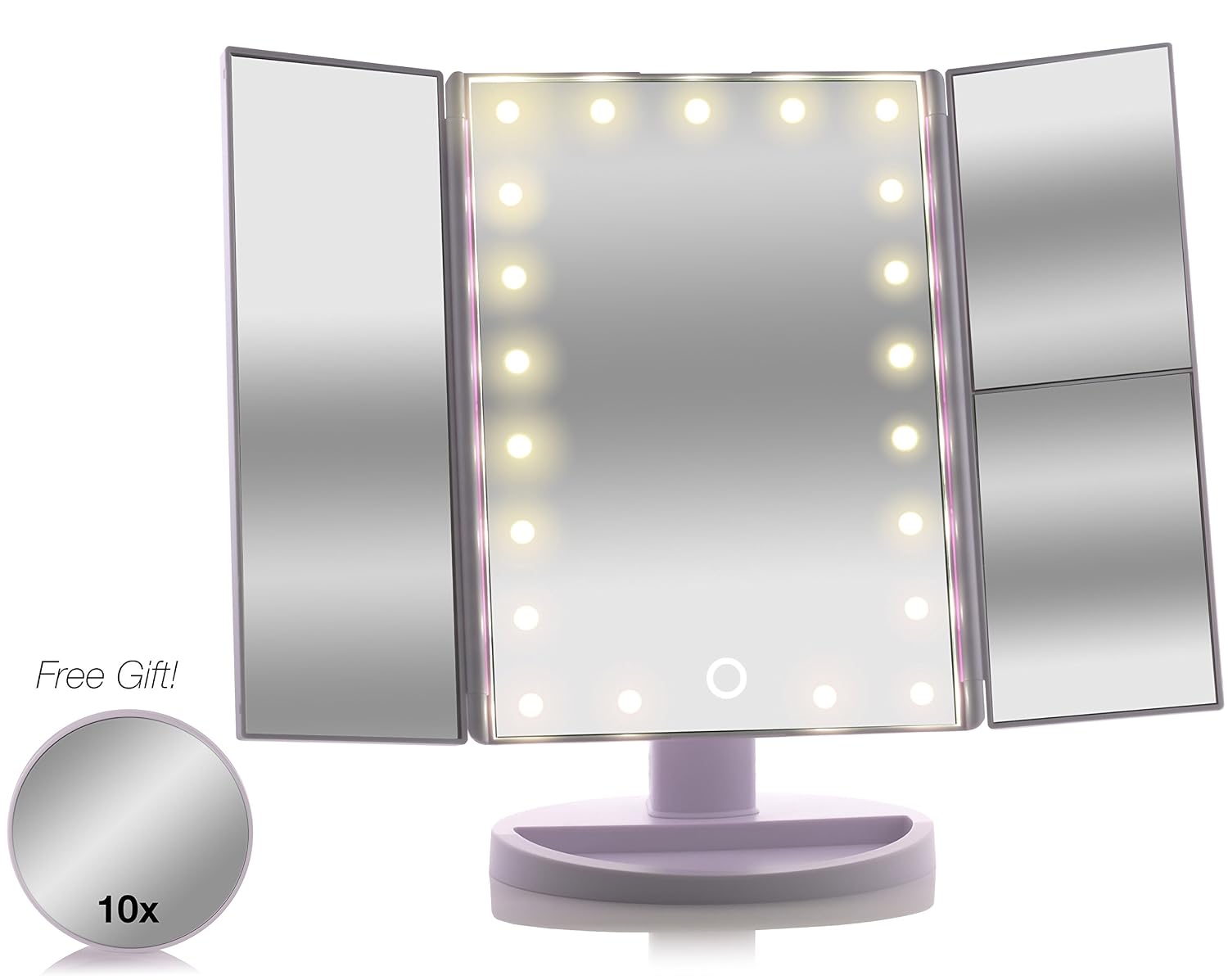 Asani Tri-Fold Lighted Magnification Makeup Mirror with a FREE 10X Spot Mirror | 21 LED Lights & Touch Controls | 1X / 2X & 3X Magnifying Cosmetic Vanity Folding Mirrors for Dresser and Travel (White)