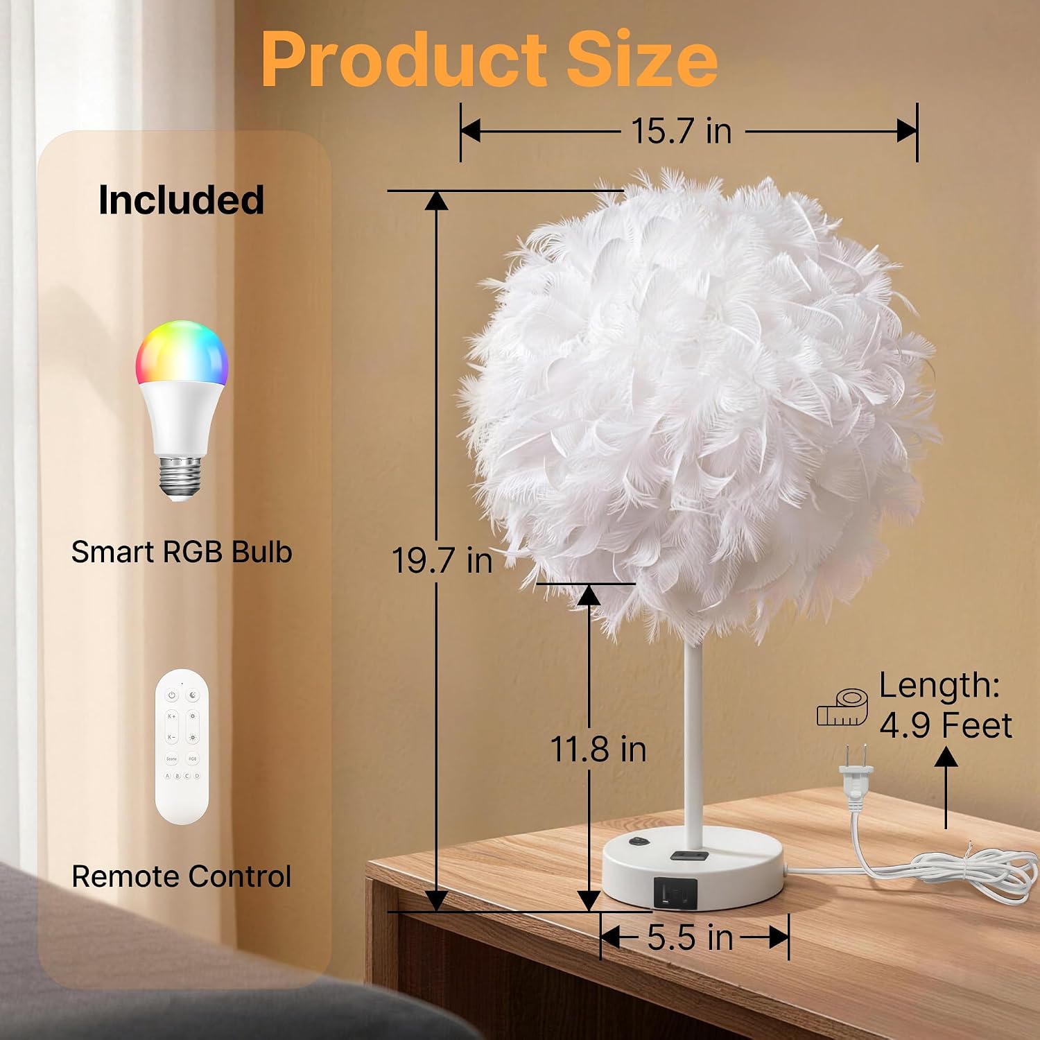 Star Vision Smart Feather Table Lamp, Dimmable E26 LED Bulb Included, Bedside Desk Lamp with USB C & AC Outlet, App & Voice Control, Compatible with Alexa & Google Assistant, White