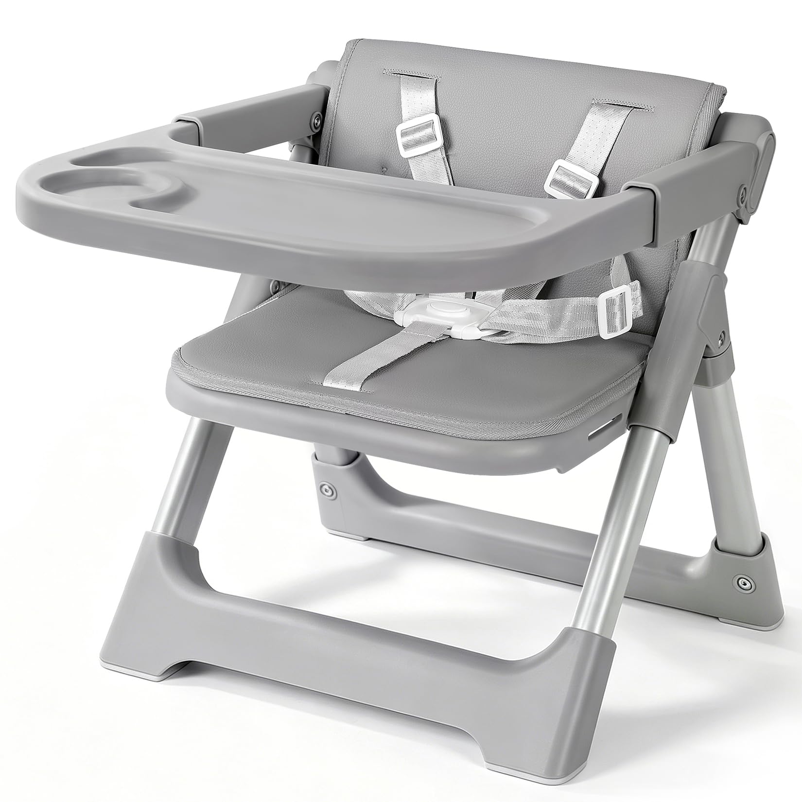 Portable Baby Booster Seat, Foldable High Chair with Tray & Harness Grey