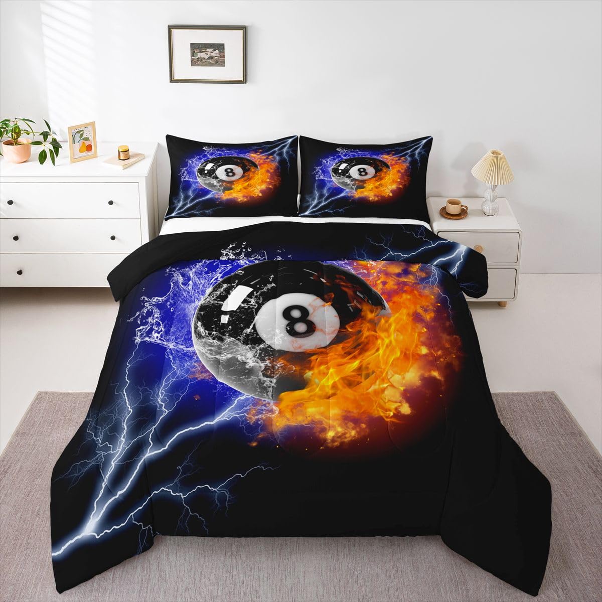 Erosebridal Billiards Comforter Set King Size, Sports Decor Billiards Bedding Set Water Flames Ball Quilt for Kids Boys Teens Adult Men Bedroom Decor,