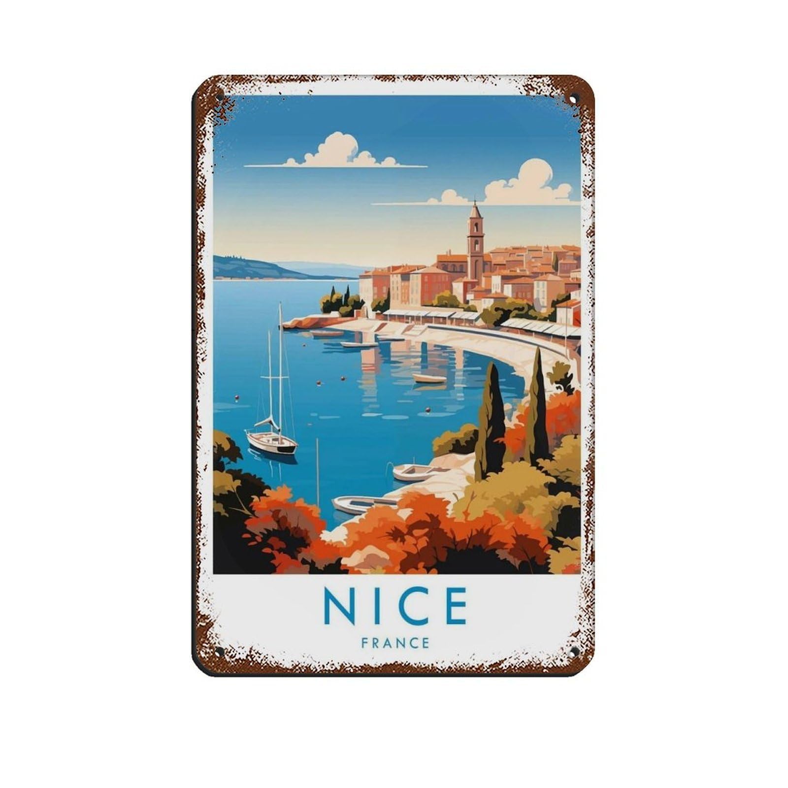 Nice Travel Poster, France（32） Retro Poster Metal Tin Sign Chic Art Retro Iron Painting Bar People Cave Cafe Family Garage Poster Wall Decoration 8x12inch(20x30cm)