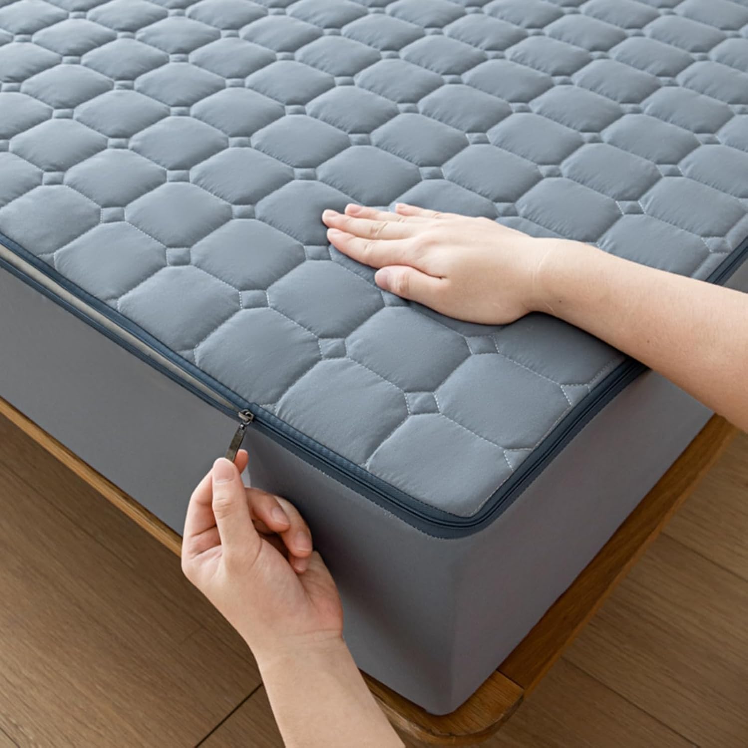 Housse de Matelas avec Fermeture éclair, Protège-Matelas Respirant Lavable Matelas Integral Matelassé Drap-Housses(Bleu,90x190x15cm)