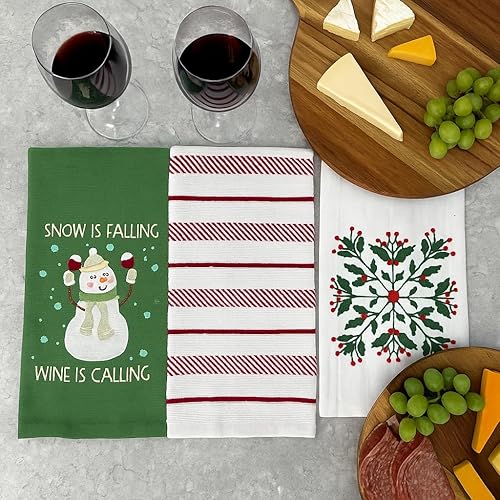 Vista 18 de Serafina Home Toallas de cocina navideñas navideñas: dos muñecos de nieve Be Jolly espiga y un muñeco de nieve bailarín, 3 piezas, tejido plano 100%