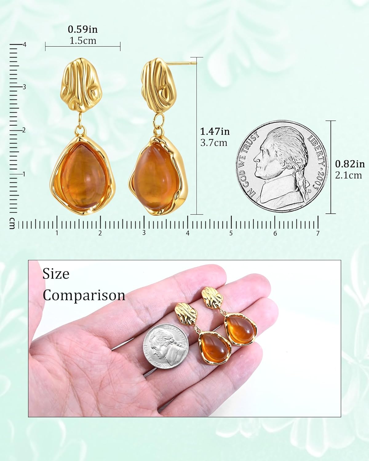 Hypoallergenic Amber Dangle Drop Earrings | 14K Gold Plated Brown Jewelry | Teardrop Gift for Boho Weddings, Sensitive Ears & Nature Lovers - Image 5