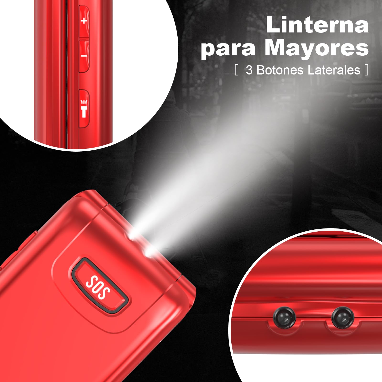 USHINING Teléfono Móvil 4G para Personas Mayores, Teléfono Móvil con Tapa Teclas Grandes Botón SOS Pantalla Doble de 2,4 y 1,77 Pulgadas Doble SIM USB-C Despertador Base de Carga, Fácil de Usar, Rojo