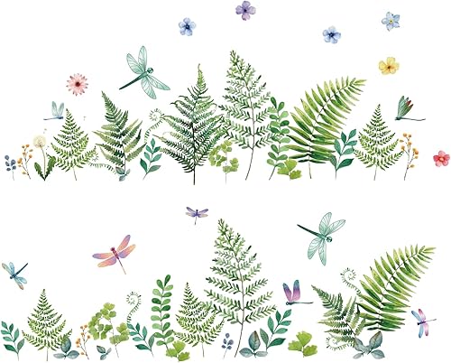 Miniatura 3 de SUPERDANT Calcomanías de pared de plantas, helechos verdes, calcomanías de pared de libélula con hojas tropicales, decoración de pared de vinilo