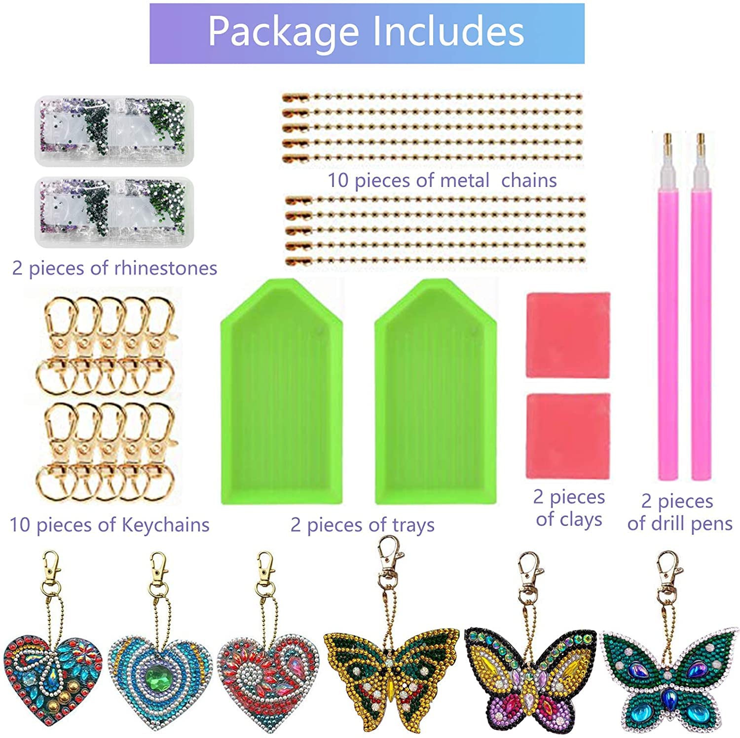 VEGCOO 10 Portachiavi Fai Da Te 5D Diamond Art Painting - Kit Con Strass, Farfalle E Cuori
