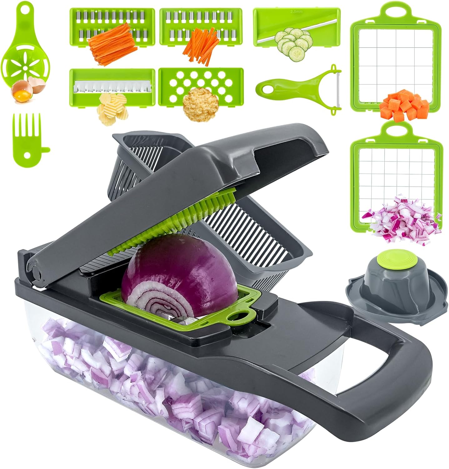 7-Blade Vegetable Chopper,vegetable cutter,Spice Chopper Set,Veggie Dicer Cutter,Onions,Potatoes,Colander Basket,Container for Salad Carrot Garlic