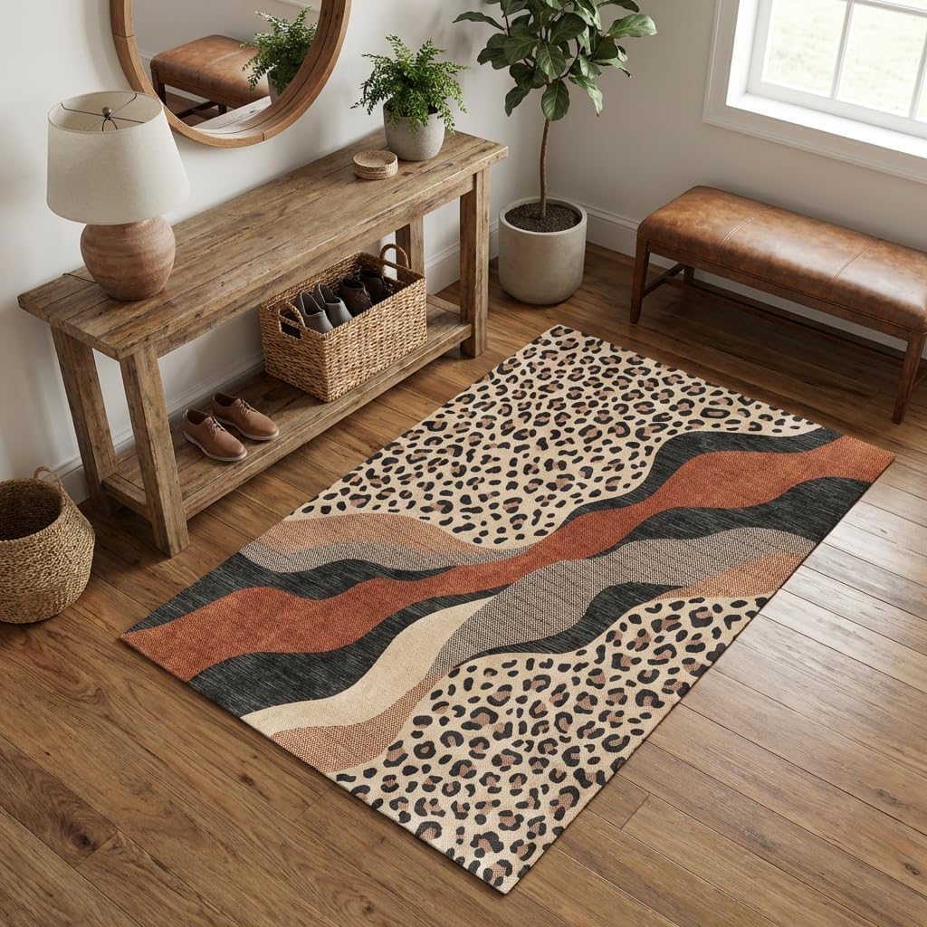 3x5 Area Rug Leopard Print Abstract Wave Rug with Non Slip Backing, Washable Low Pile Brown Beige Carpet for Entryway, Bedroom, Kids Room, Small Living Space