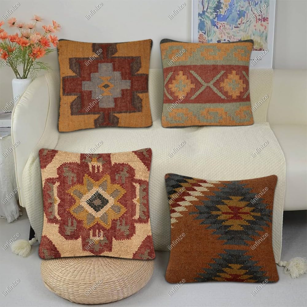 Housses de coussin bohème en jute et laine tissées main 45x45 cm pour un salon chic