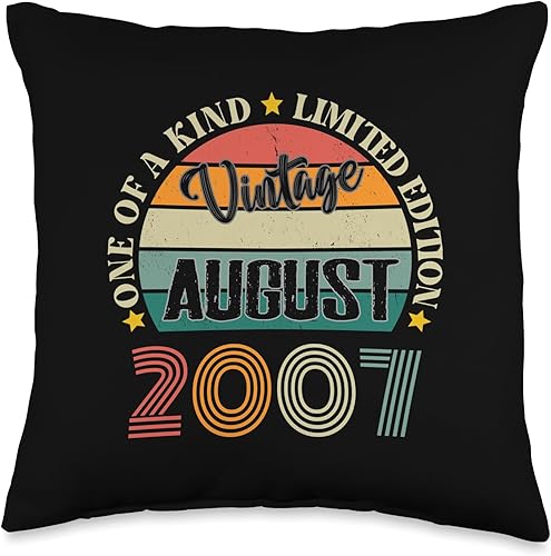 17 Year Old Vintage August 2007 17th Birthday Retro Throw Pillow, 16x16, Multicolor
