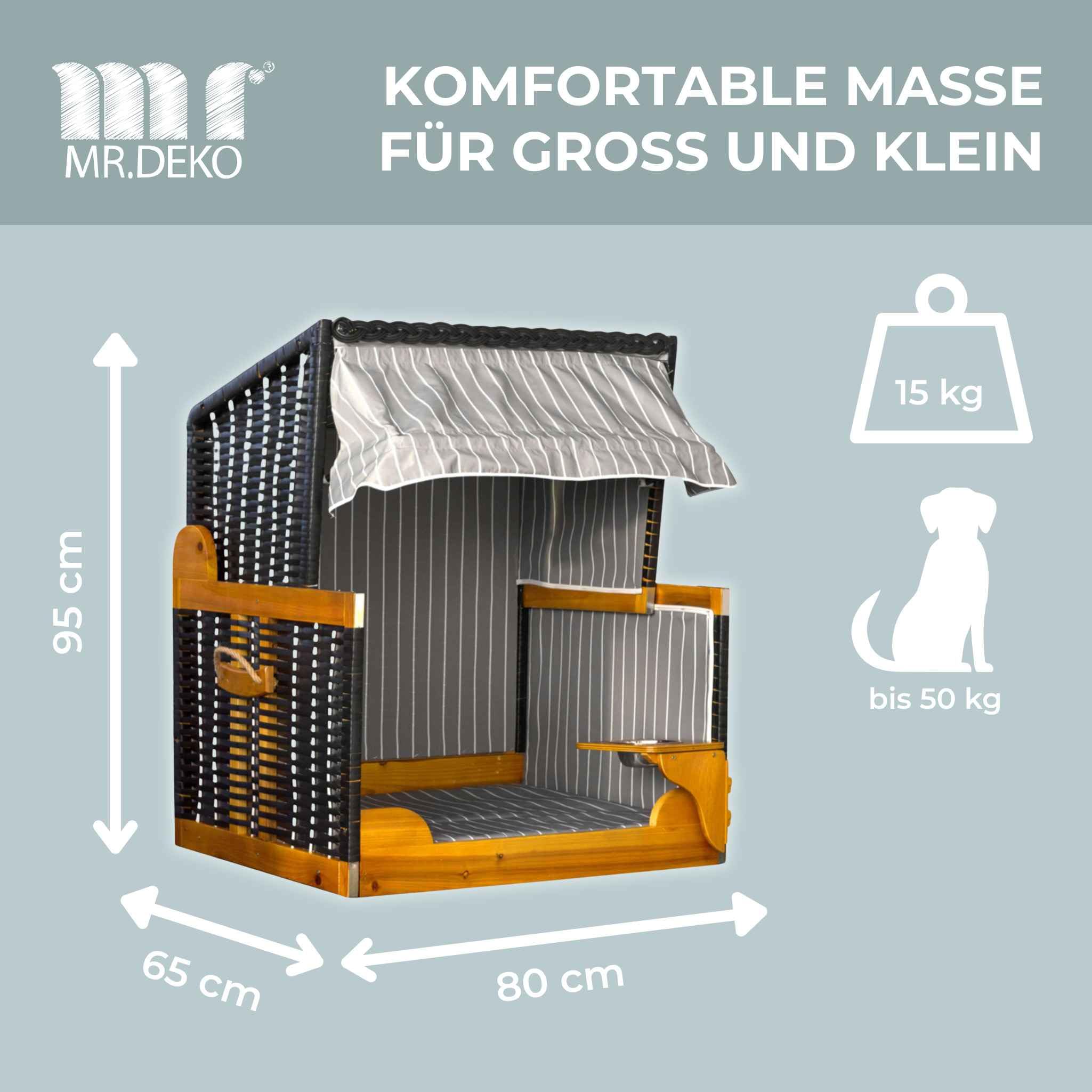 MR. Deko® Silla Playa Perros Juniper PE Negro Rayas Antracita - Protección Solar y Funda Protectora - Cama y Comedero Giratorio Mascotas | Incluye cuenco de agua de acero inoxidable