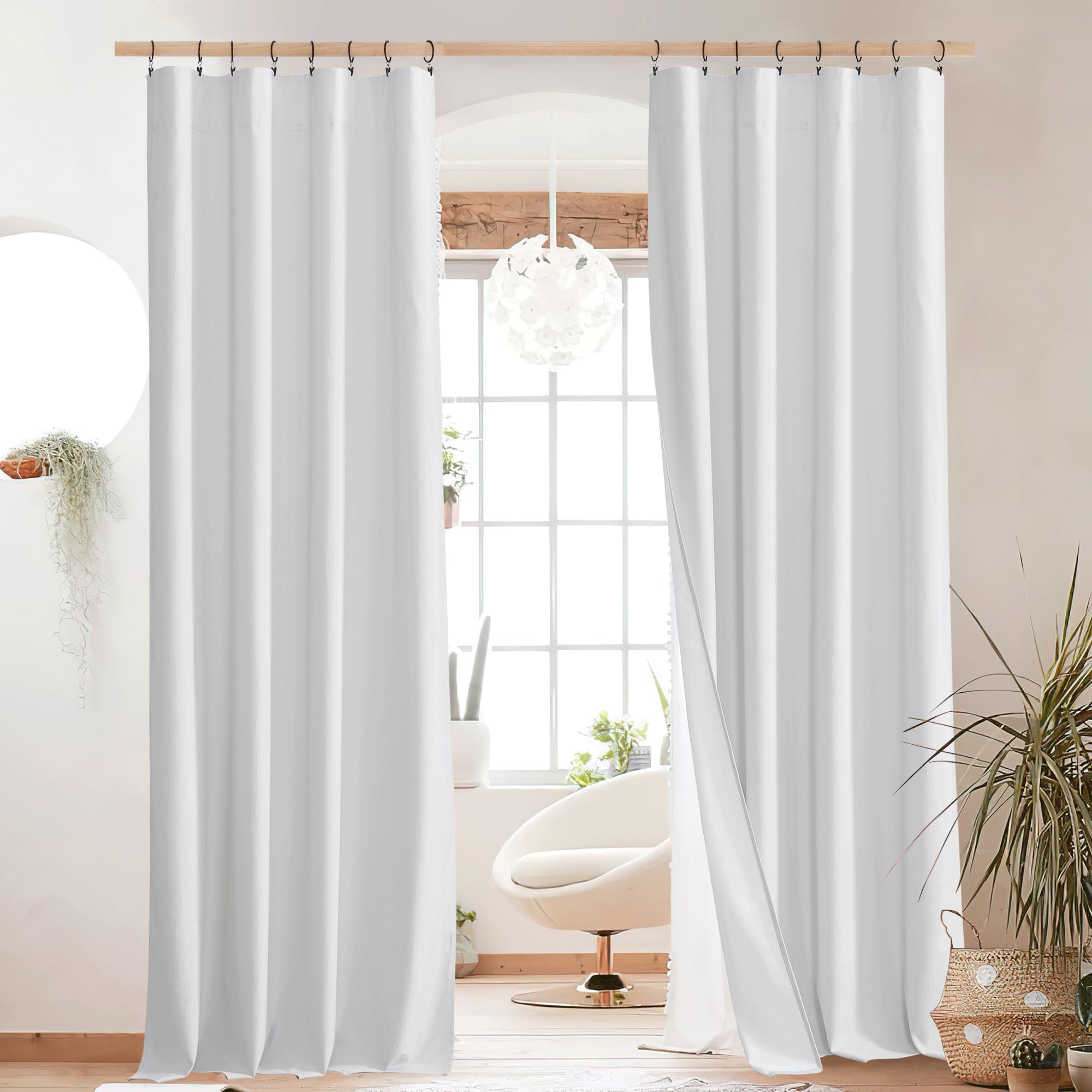 NICETOWN Rod Pocket 100% Blackout Linen Curtains for Living Room with Thermal Insulated White Liner, White, 52" Wide, Long Curtains 95" Long 2 Panels Set, Thermal Insulated Privacy Drapes for Bedroom