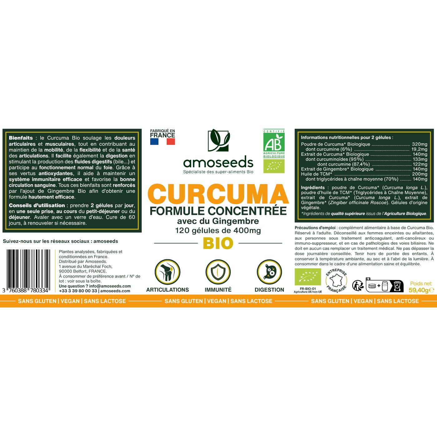 Curcuma BIO Haute Concentration | Avec Gingembre Bio | Curcumine Haute Absorption | Sans Pipérine | Articulations | 120 Gélules | Qualité Supérieure