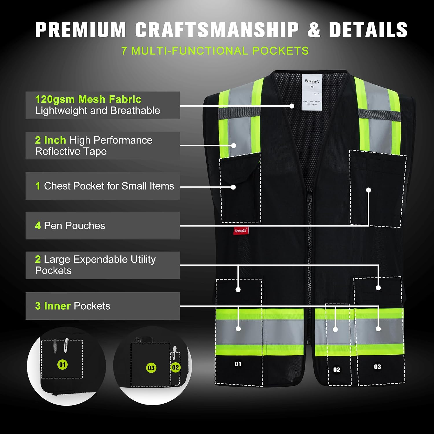 High Visibility ANSI Class 2 Safety Vest with 7 Pockets | Reflective Mesh Safety Vest for Men & Women, Lightweight, Breathable for Construction, Surveying, Warehouse